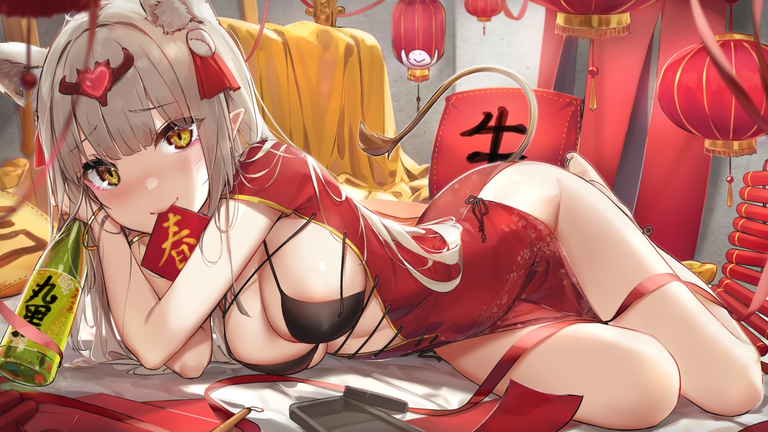 animal_ears, blush, chinese_clothes, chinese_dress, dress, gray_hair, long_hair, nopan