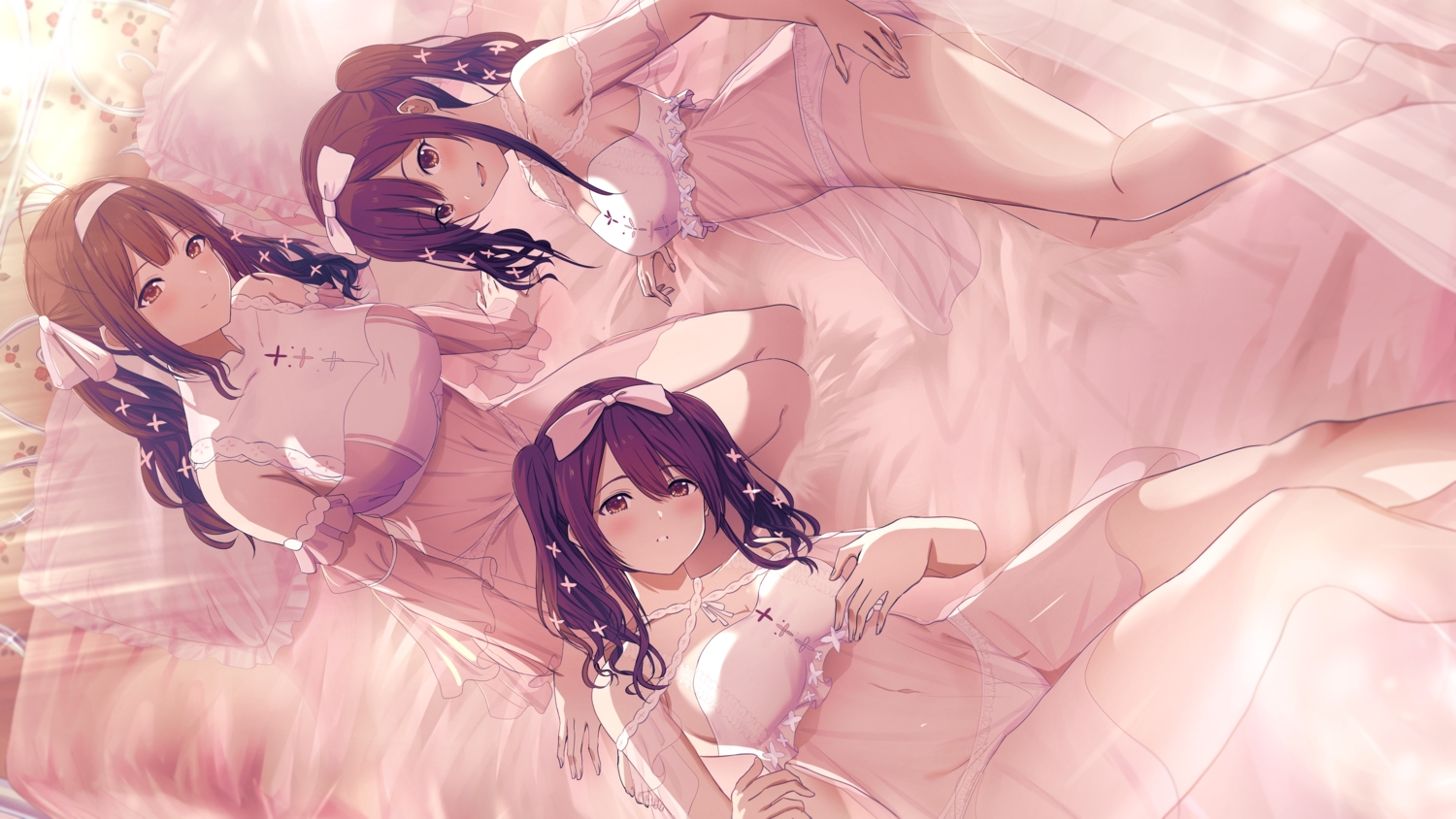bed, blush, brown_eyes, brown_hair, dress, headband, idolmaster, idolmaster_shiny_colors, kuwayama_chiyuki, long_hair, misaki_nonaka, navel, oosaki_amana, oosaki_tenka, panties, purple_hair, see_through, twintails, underwear
