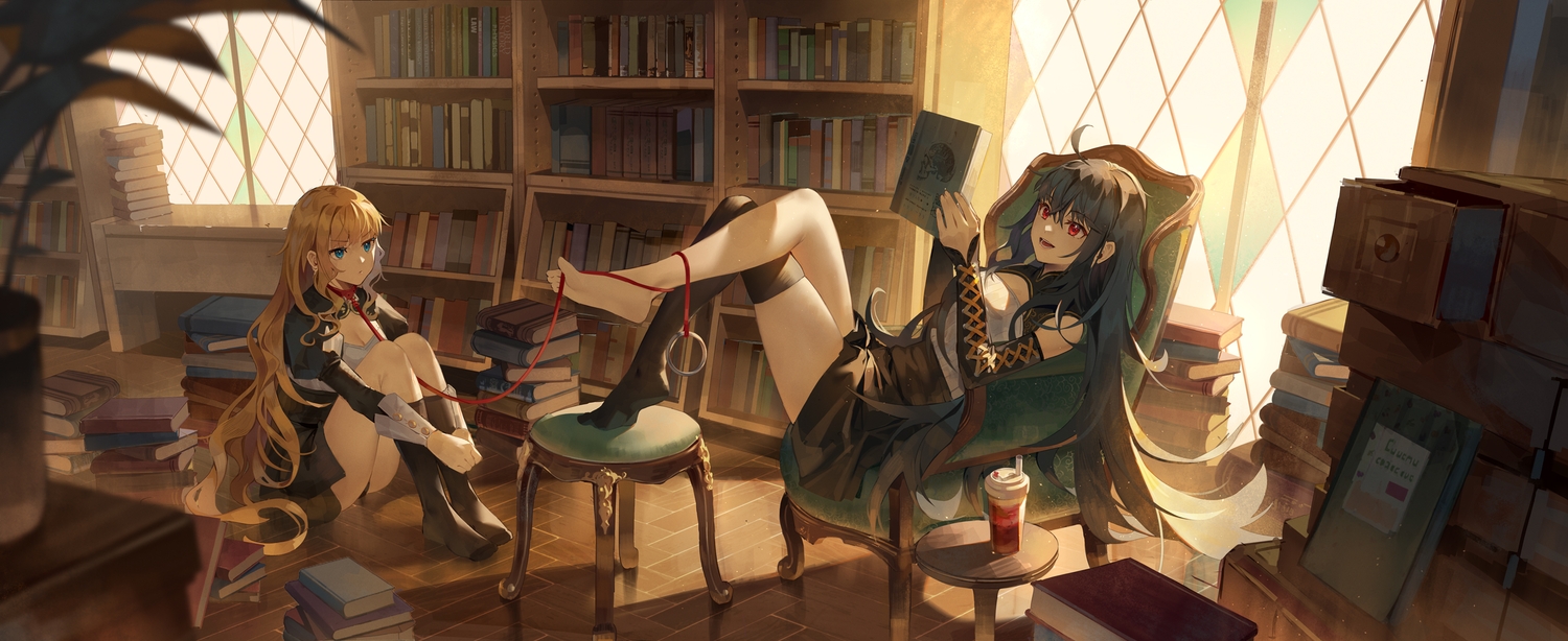 barefoot, blonde_hair, blue_eyes, bondage, book, collar, drink, ji_dao_ji