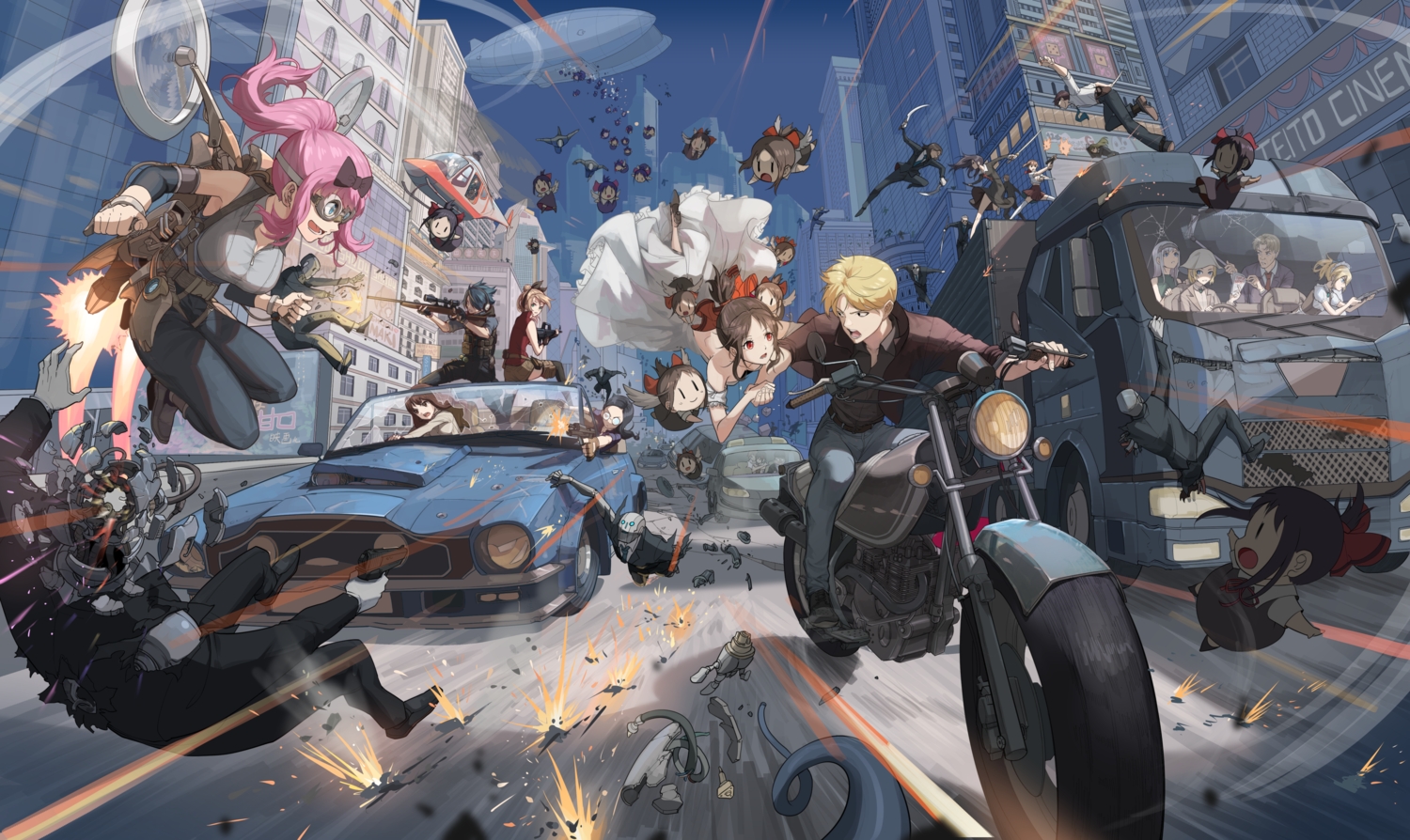 blonde_hair, blue_eyes, bow, brown_eyes, brown_hair, building, car, chibi, city, dress, fujiwara_chika, gloves, green_eyes, gun, hayasaka_ai, headphones, iino_miko, ishigami_yuu, kaguya-sama_wa_kokurasetai_~tensai-tachi_no_renai_zunousen~, knife, long_hair, maid, male, motorcycle, pink_hair, red_eyes, robot, school_uniform, shinomiya_kaguya, shirogane_chichi, shirogane_kei, shirogane_miyuki, short_hair, shorts, stockings, tagme_(character), tanziya_(codlxcold), twintails, weapon, wings
