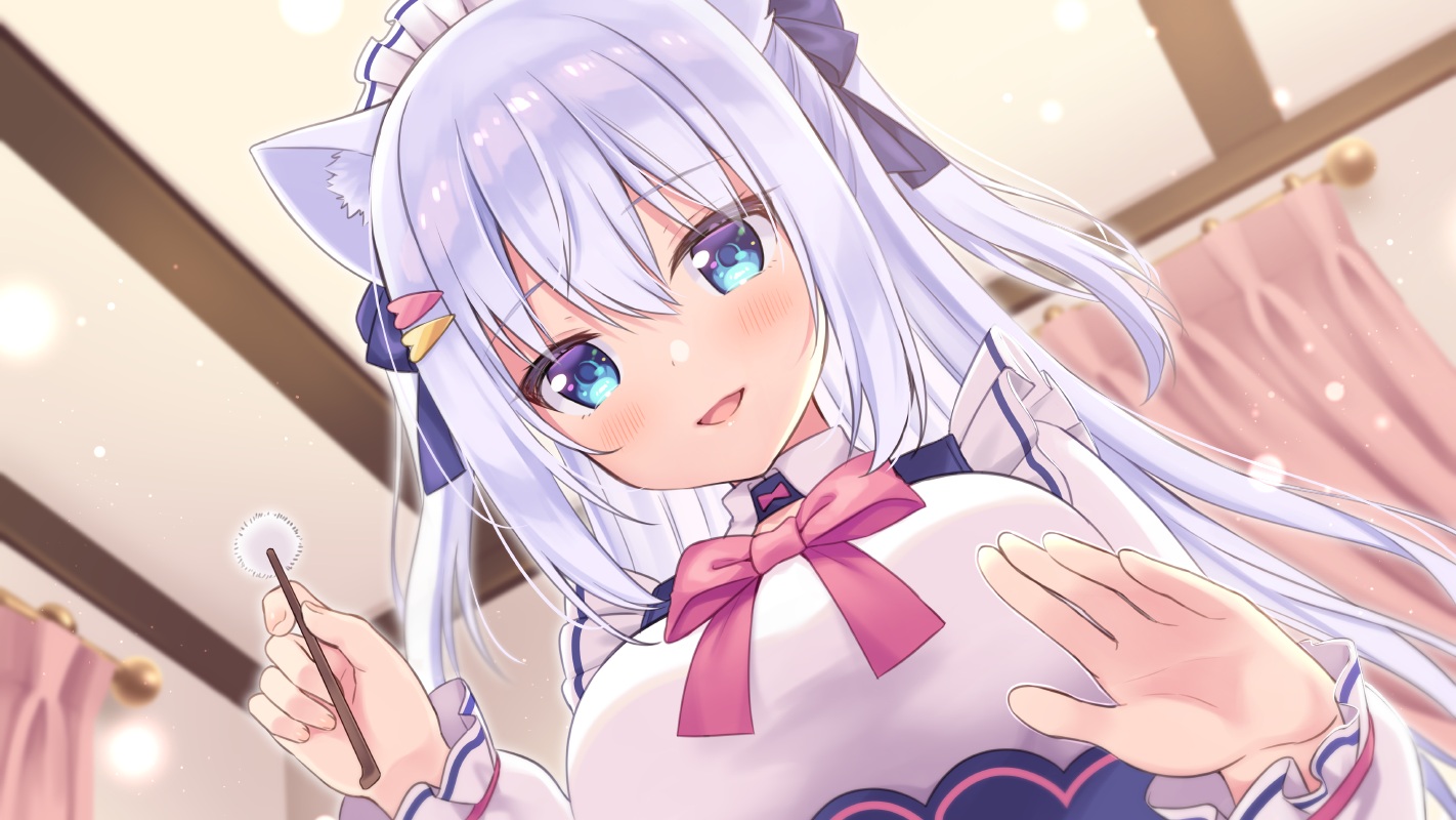 animal_ears, aqua_eyes, blush, bow, close, gray_hair, headdress, long_hair