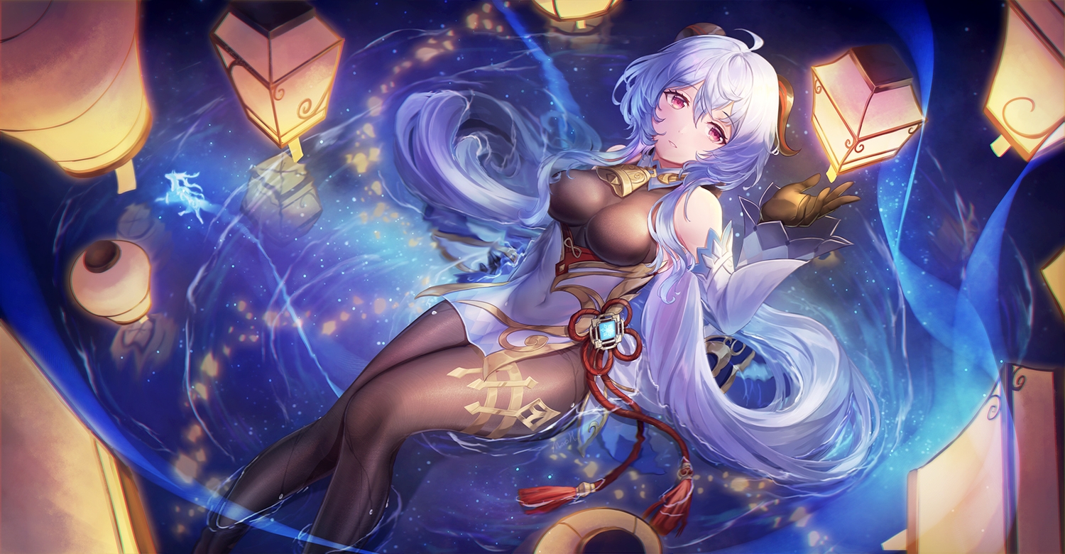 blue_hair, ganyu_(genshin_impact), genshin_impact, gloves, horns, long_hair, reflection, ulquiorra0