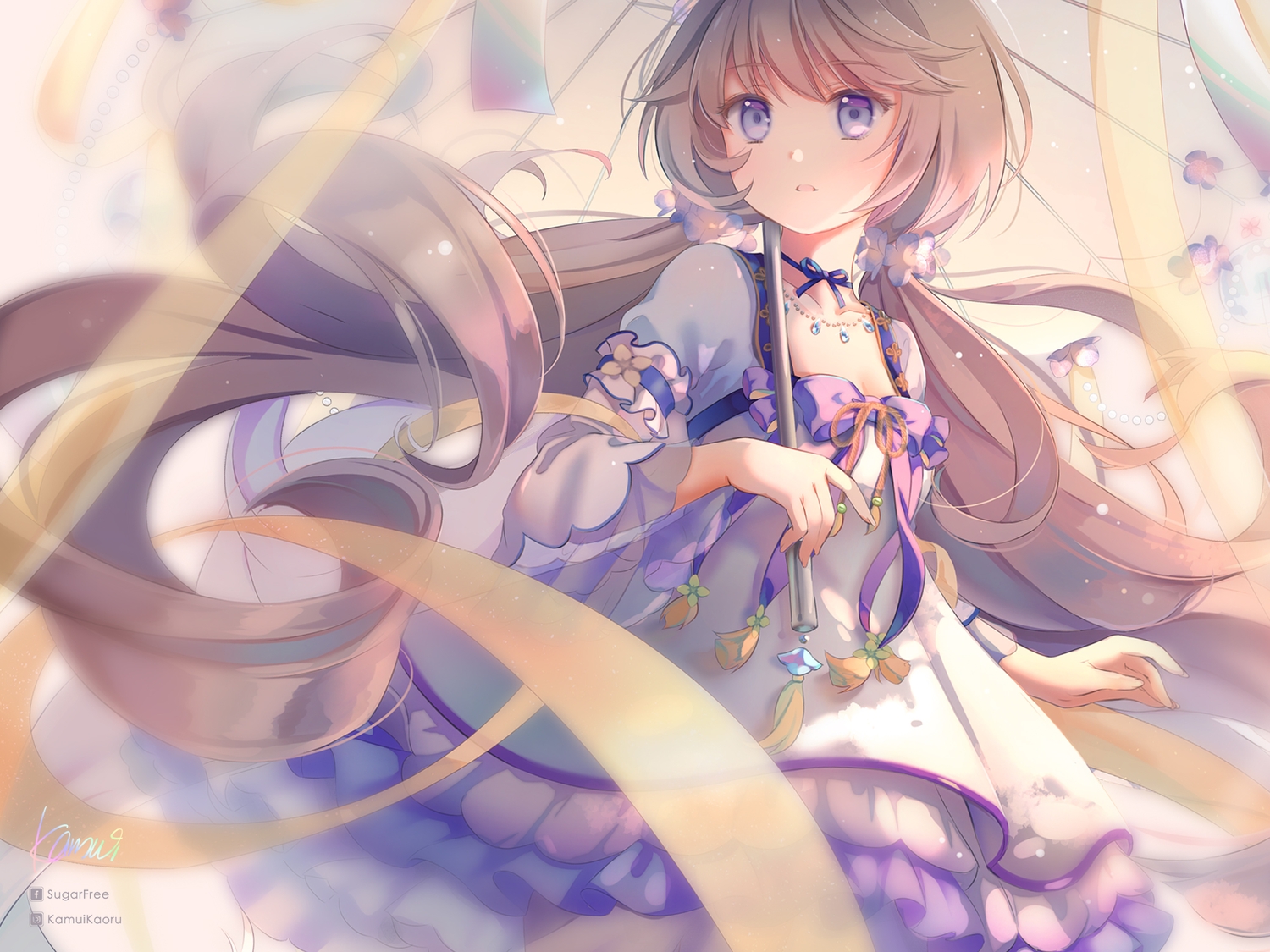 brown_hair, chinese_clothes, choker, houchi_shoujo, kamui_(kamuikaoru), lolita_fashion, long_hair, necklace, purple_eyes, signed, twintails, umbrella, watermark, yue_jin