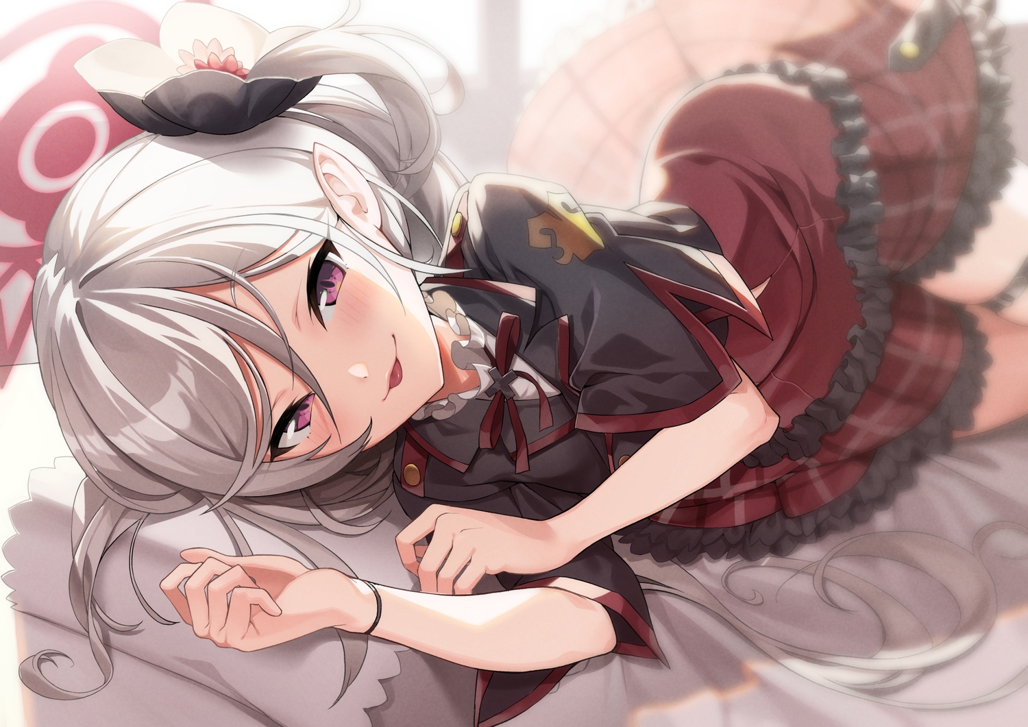 asagi_mutsuki, blue_archive, blush, dress, goth-loli, gray_hair, kabu_(e90vwggy), lolita_fashion, long_hair, pointed_ears, purple_eyes, school_uniform, twintails