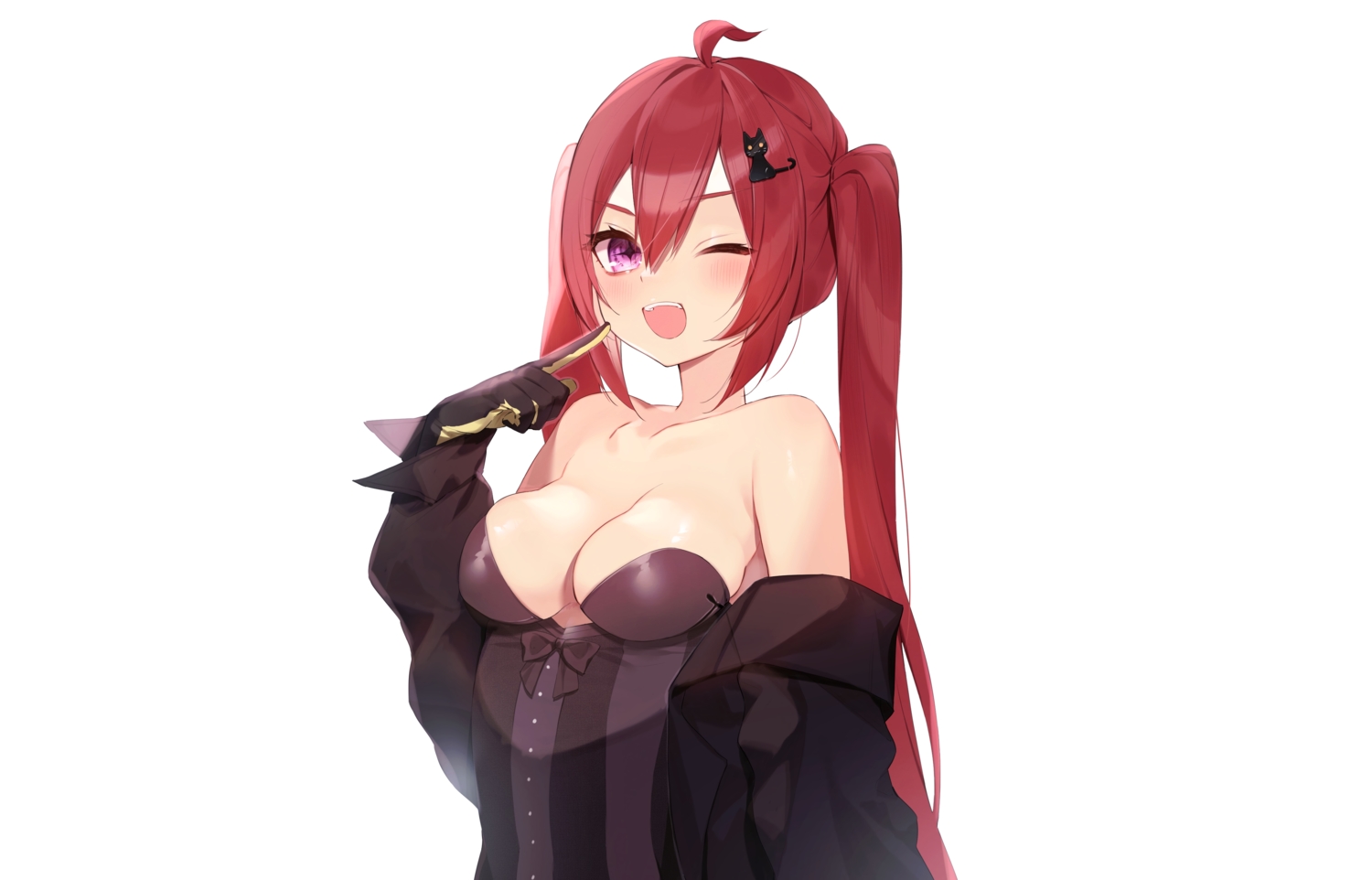 blush, breasts, cleavage, gloves, long_hair, nijisanji, purple_eyes, red_hair
