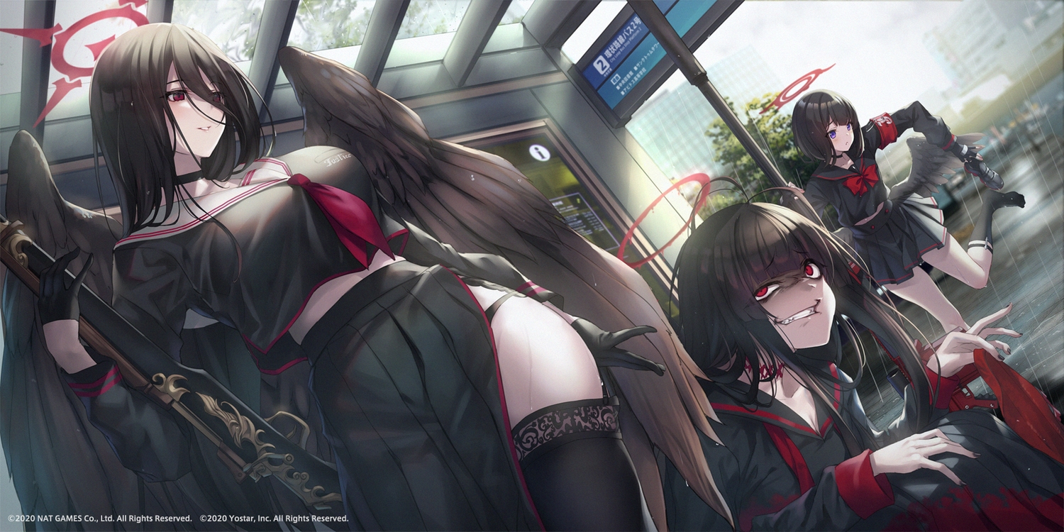 angel, black_hair, blue_archive, choker, fukai_ryousuke, garter_belt, gloves, gun, halo, hanekawa_hasumi, kenzaki_tsurugi, panties, purple_eyes, rain, red_eyes, school_uniform, shizuyama_mashiro, skirt, stockings, underwear, water, weapon, wings