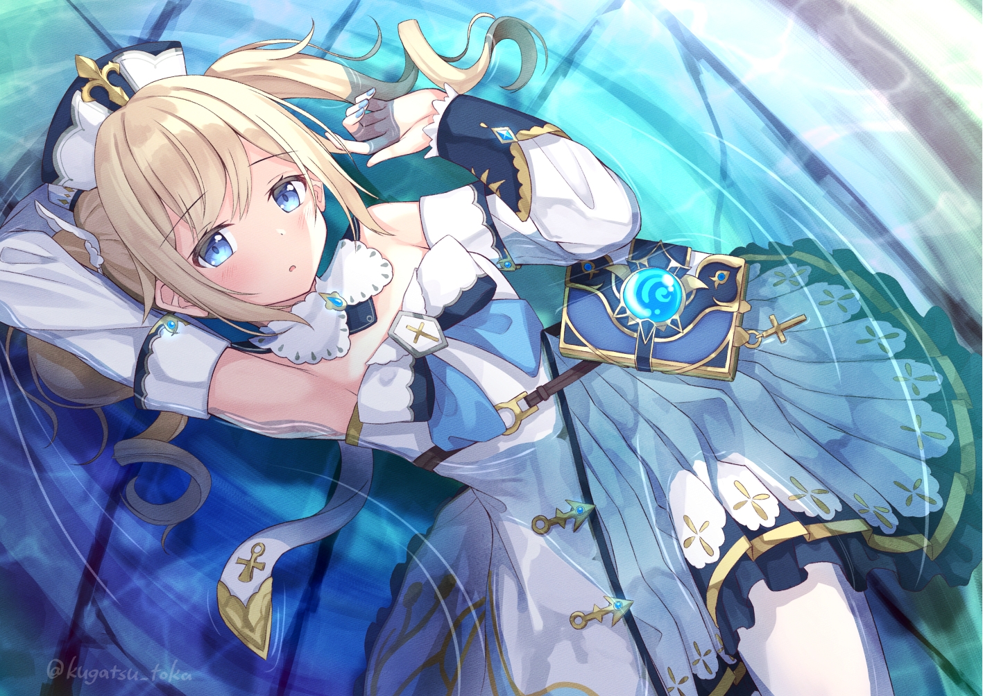 aqua_eyes, barbara_pegg, blonde_hair, blush, book, dress, genshin_impact, kugatsu_tooka, long_hair, pantyhose, signed, twintails