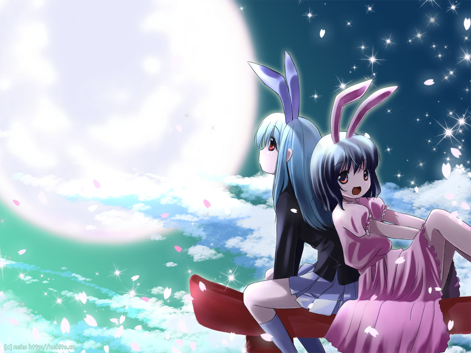 animal_ears, bunny_ears, bunnygirl, inaba_tewi, moon, nekito, reisen_udongein_inaba, sky