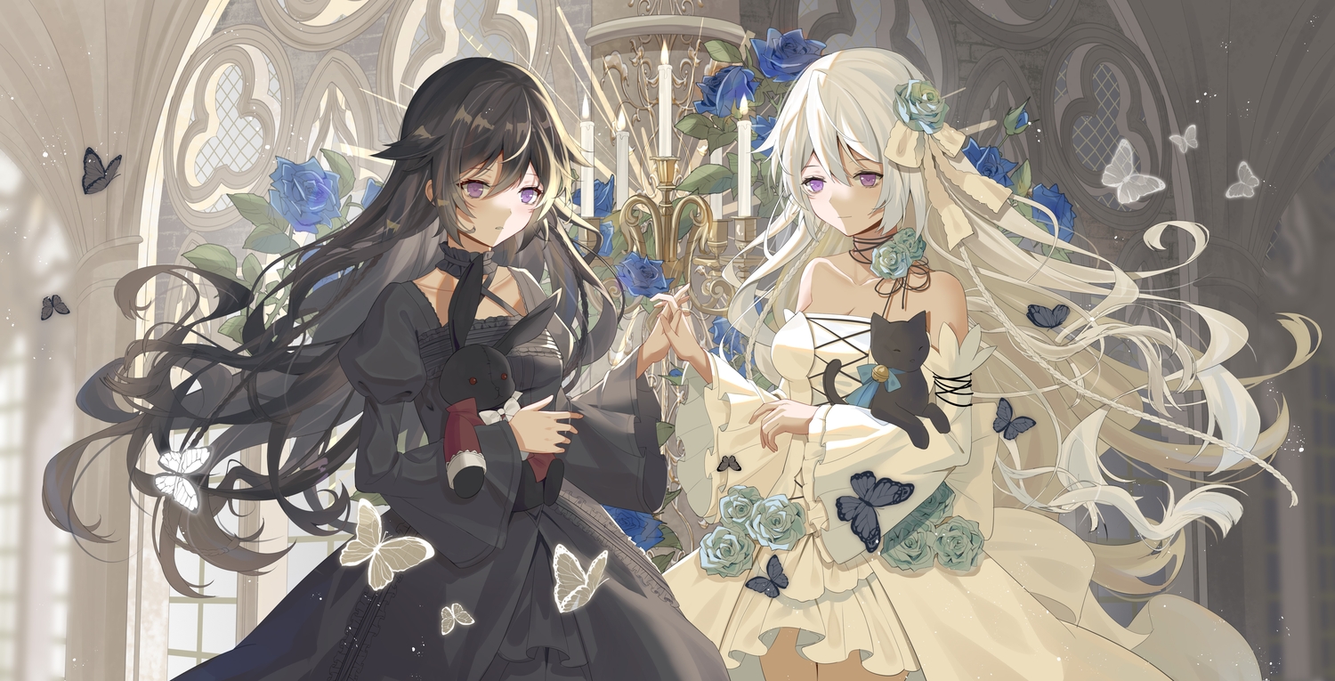 2girls, alice_(pandora_hearts), animal, black_hair, breasts, bunny, butterfly, cat, cleavage, dress, goth-loli, lolita_fashion, long_hair, pandora_hearts, purple_eyes, skirt_lift, teatix, white_hair