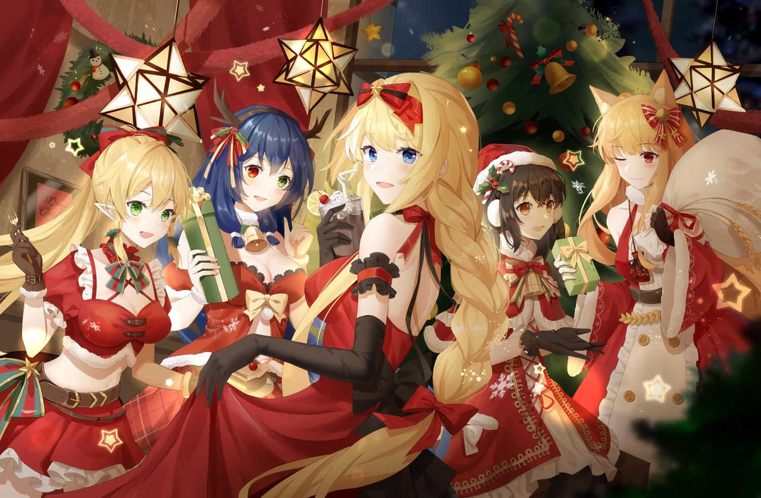 bicolored_eyes, blonde_hair, blue_hair, bow, braids, brown_hair, christmas, dress