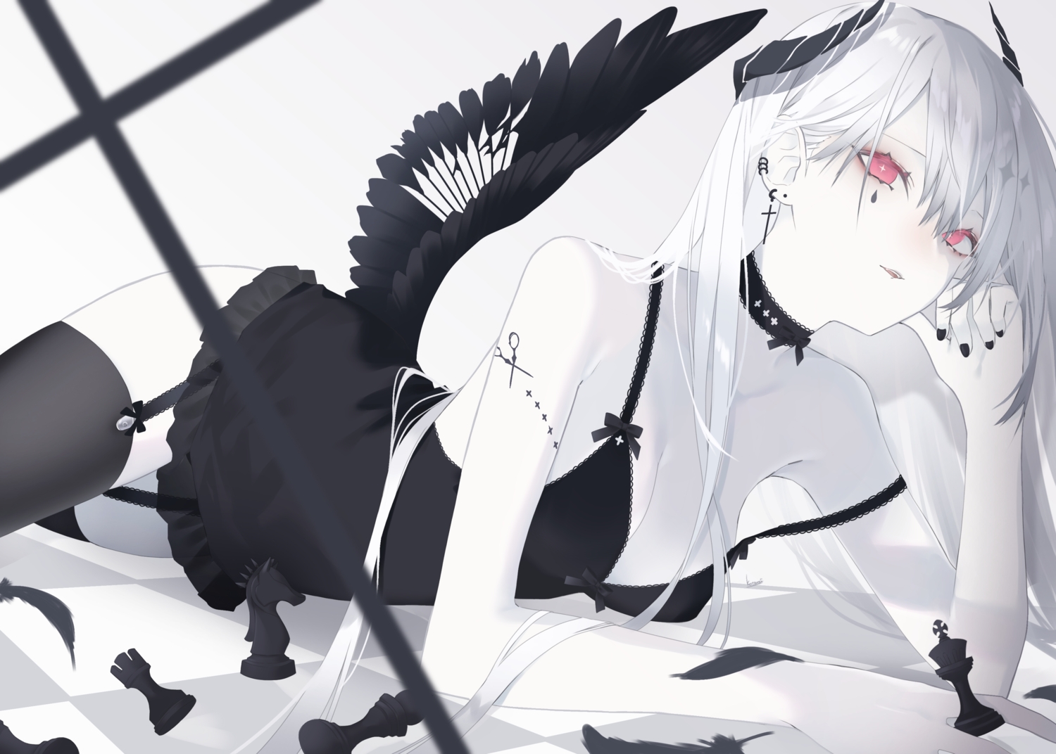 breasts, choker, cleavage, feathers, garter_belt, horns, kotarou_(kot_mochi), long_hair, original, polychromatic, red_eyes, stockings, tattoo, white_hair, wings, zettai_ryouiki