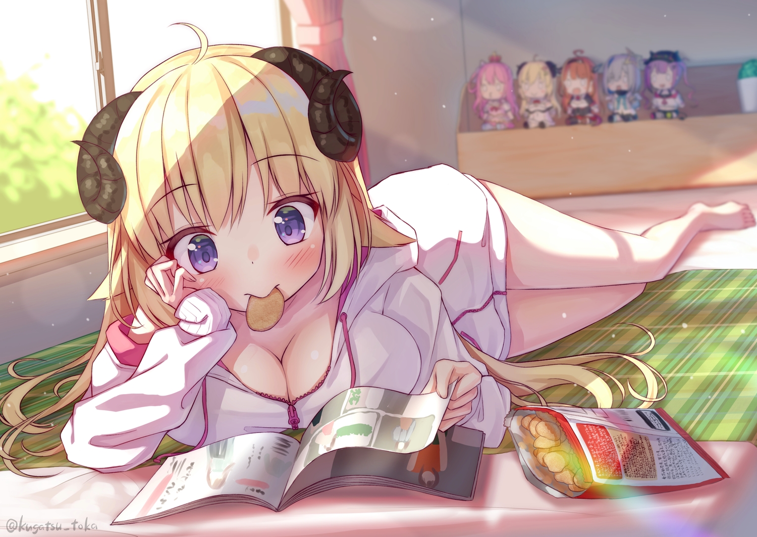 animal_ears, barefoot, blonde_hair, blush, book, breasts, cleavage, doll, food, hololive, hood, horns, kugatsu_tooka, long_hair, purple_eyes, sheepgirl, signed, tsunomaki_watame