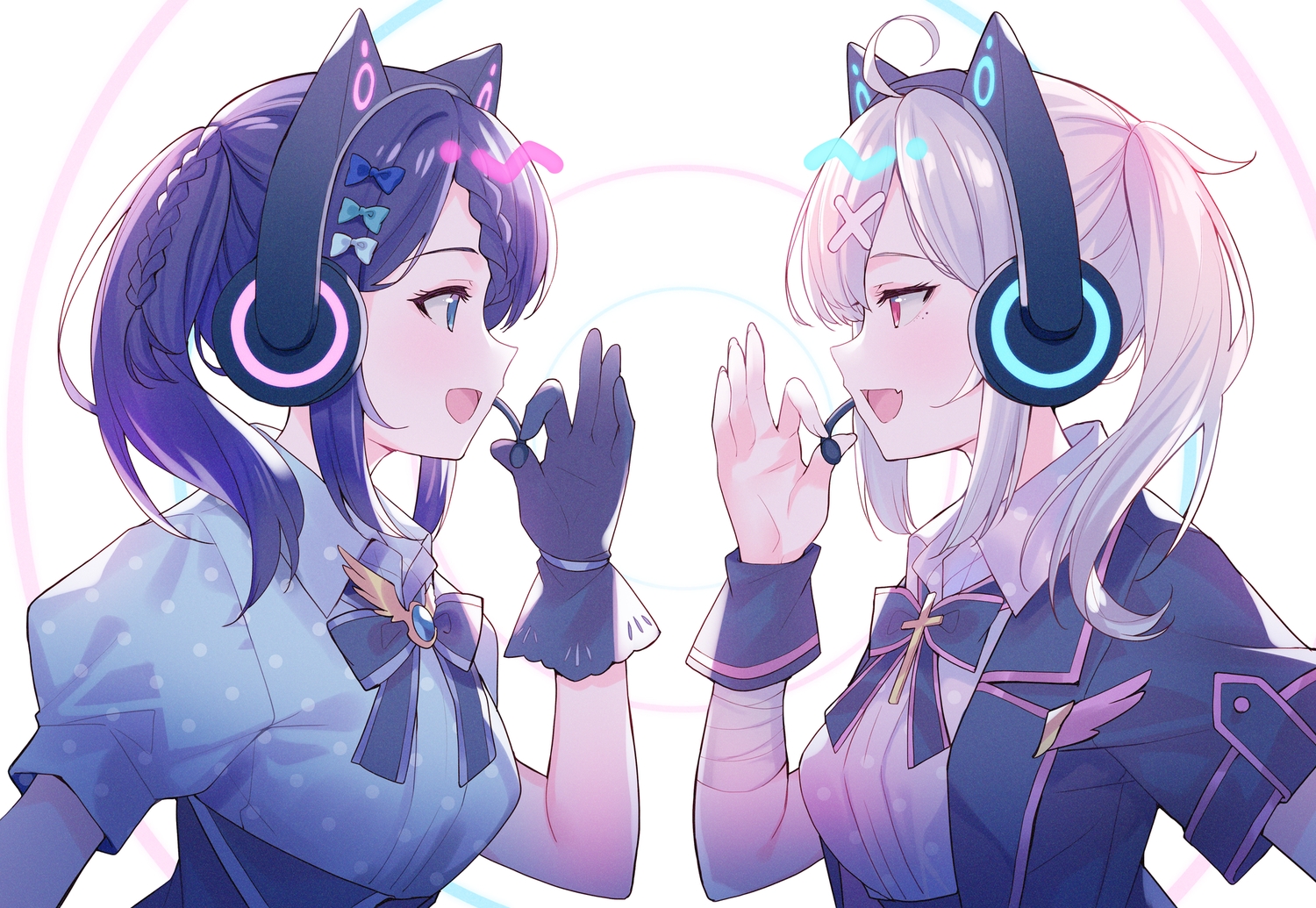 2girls, aiba_uiha, animal_ears, aqua_eyes, bandage, blue_hair, bow, close, fang, gloves, gray_hair, happy_synthesizer_(vocaloid), headphones, meito_(maze), microphone, nijisanji, red_eyes, sukoya_kana, twintails, vocaloid, white, wristwear