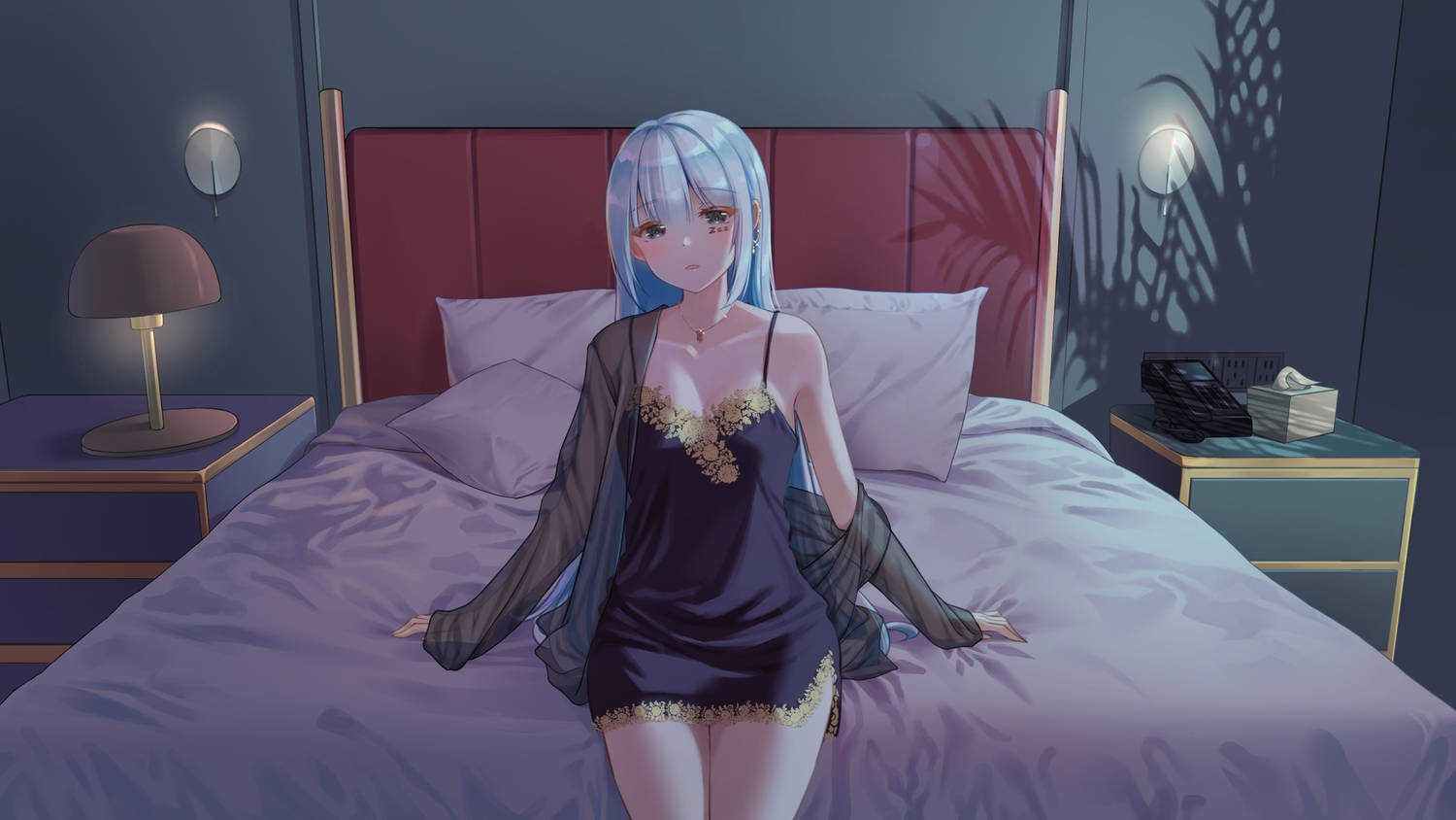 bed, gonzz_(gon2rix), gray_hair, long_hair, necklace, no_bra, open_shirt, original, tattoo