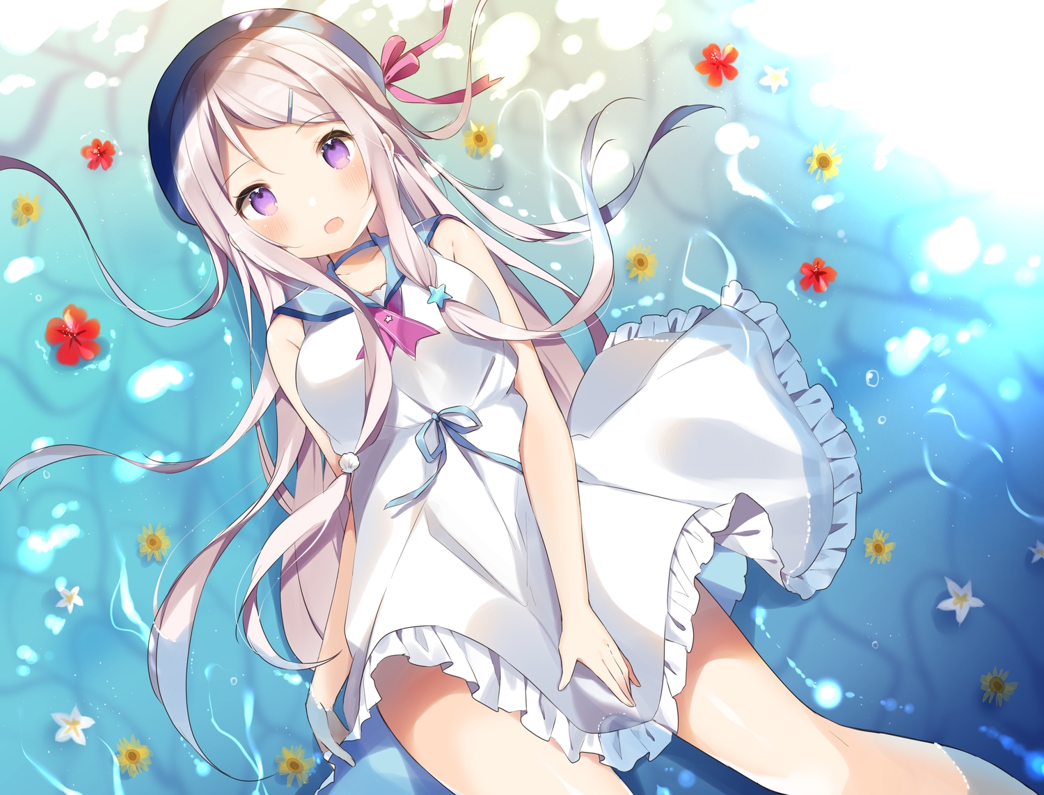 blush, choker, dress, flowers, gray_hair, hat, long_hair, original, purple_eyes, school_uniform, shiino_sera, water