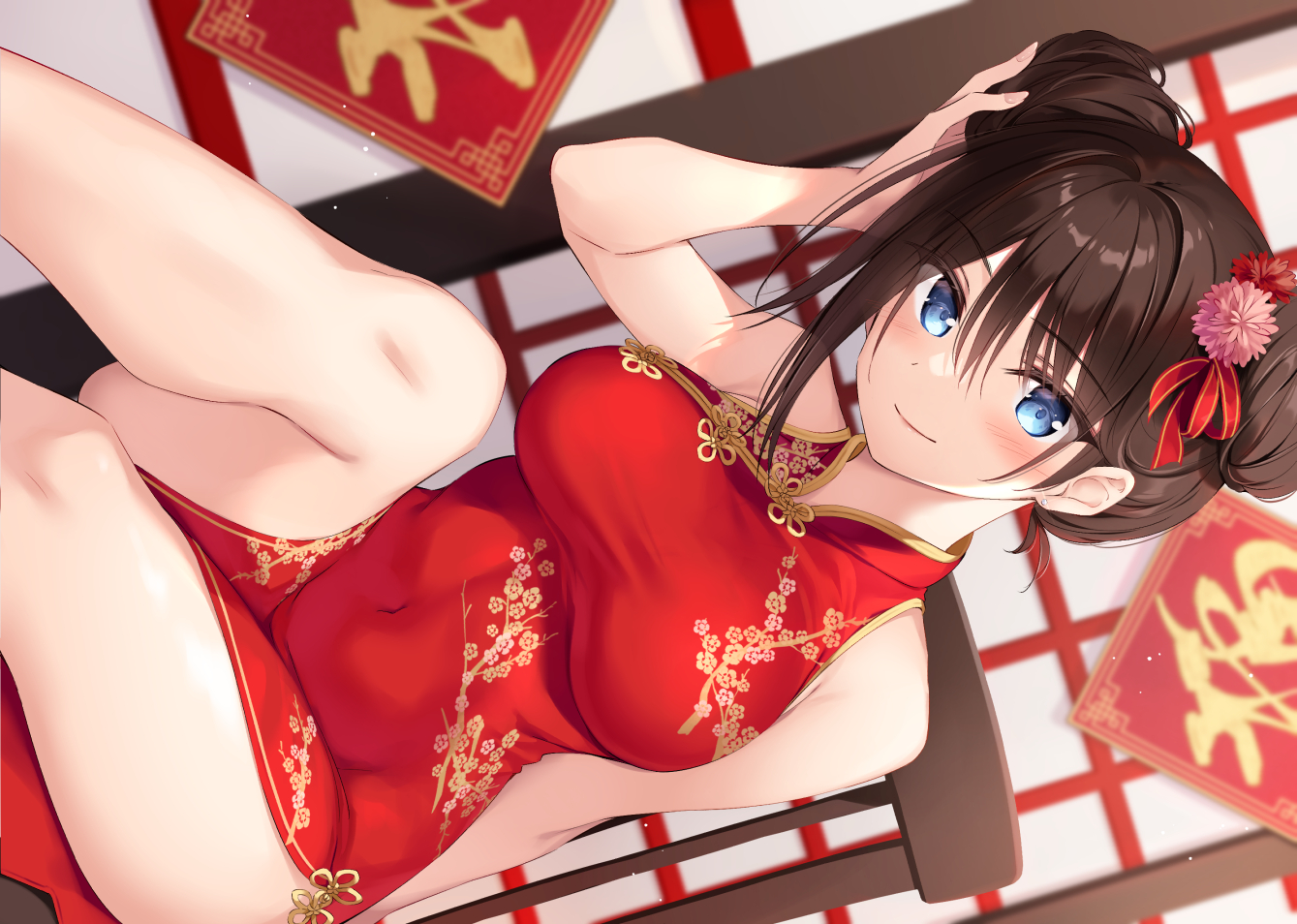 aliasing, blue_eyes, blush, boku_no_kanojo_sensei, brown_hair, chinese_clothes, chinese_dress, dress, fujiki_maka, oryou, twintails