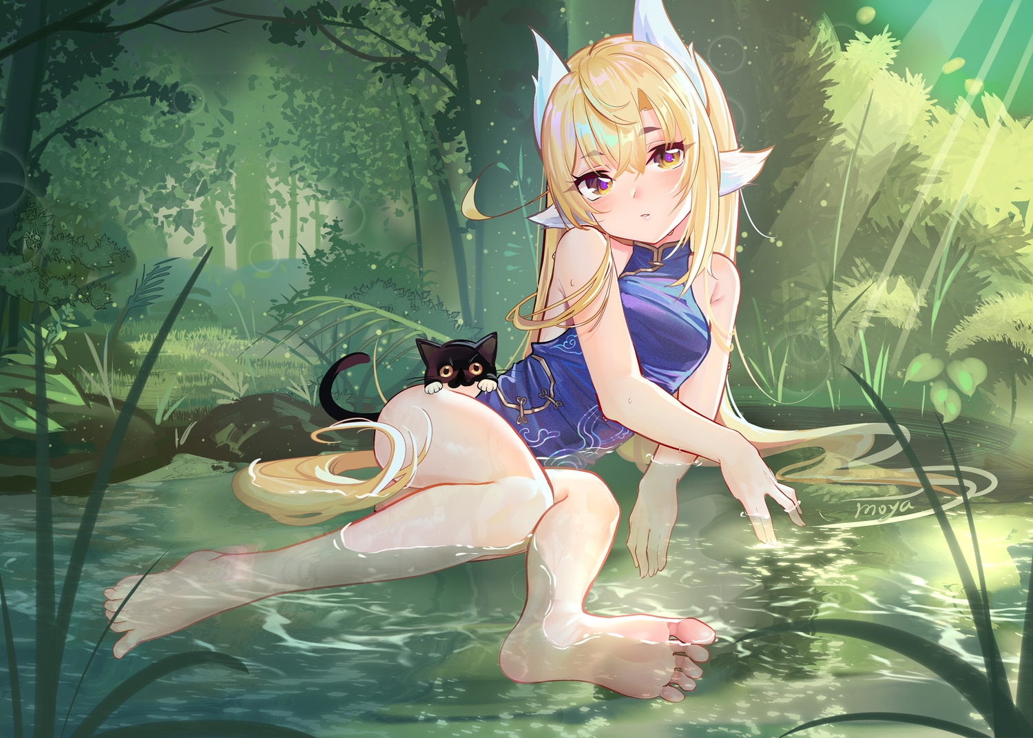 animal, animal_ears, barefoot, blonde_hair, blush, cat, chinese_clothes, chinese_dress, dress, forest, green, loli, moyamoya_(moya11158375), original, signed, tree, water, yellow_eyes