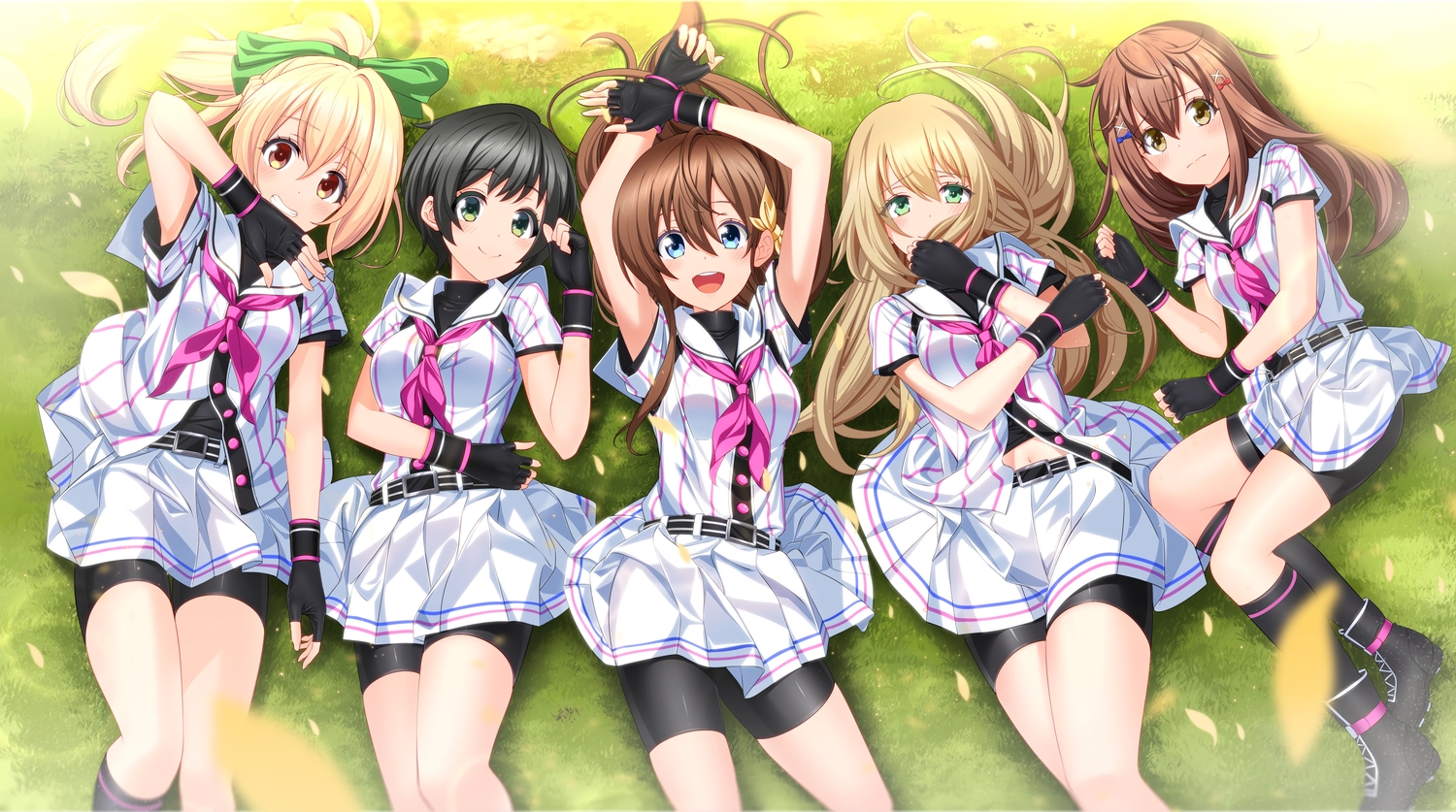 arihara_tsubasa, bike_shorts, gloves, grass, green, group, hachigatsu_no_cinderella_nine, kawakita_tomoe, nitta_minako, nozaki_yuuki, nyanmaru, shorts, ukita_akane, uniform
