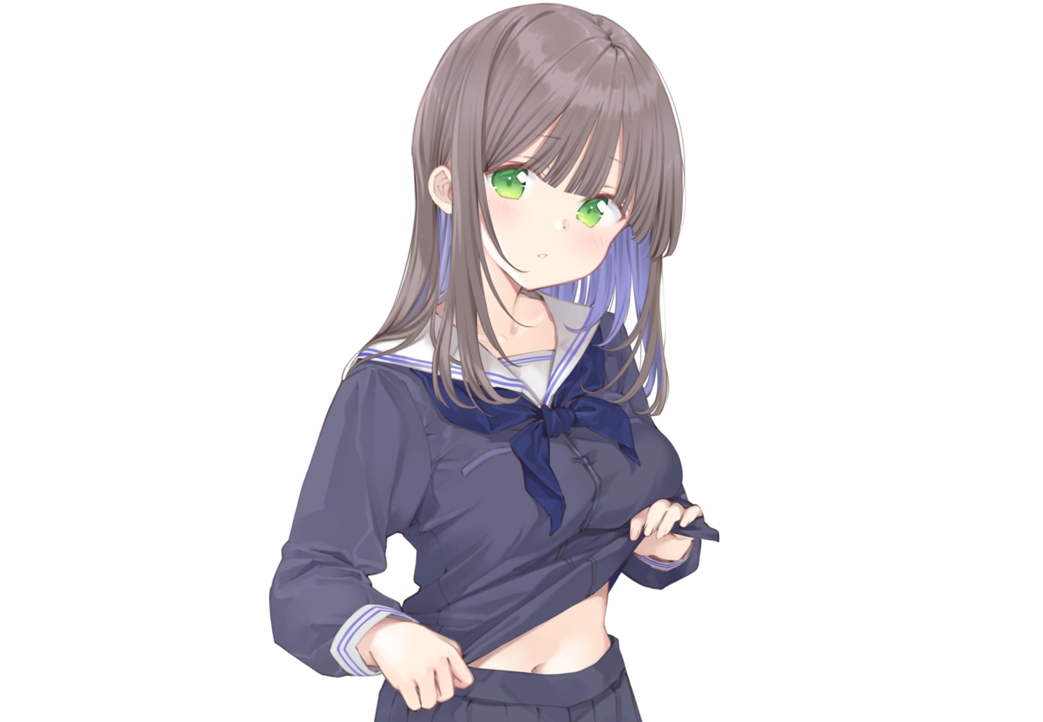 blush, breast_hold, brown_hair, green_eyes, maigoyaki, navel, original, school_uniform, shirt_lift, short_hair, skirt, white