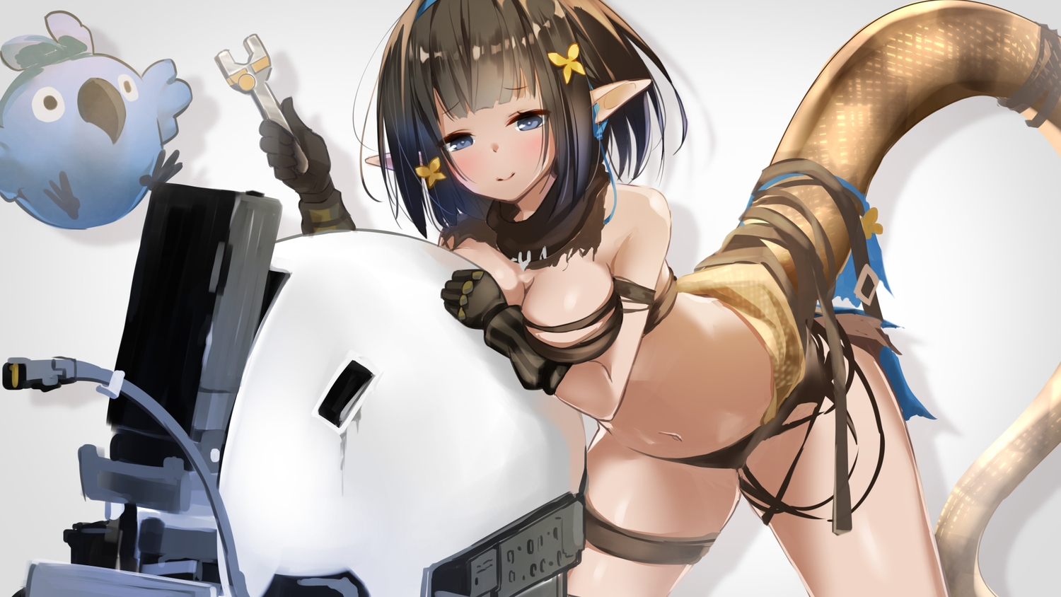 arknights, bikini, brown_hair, eunectes_(arknights), garter, gloves, headband, hellnyaa, high_priest_(arknights), lancet-2, navel, pointed_ears, swimsuit, tail