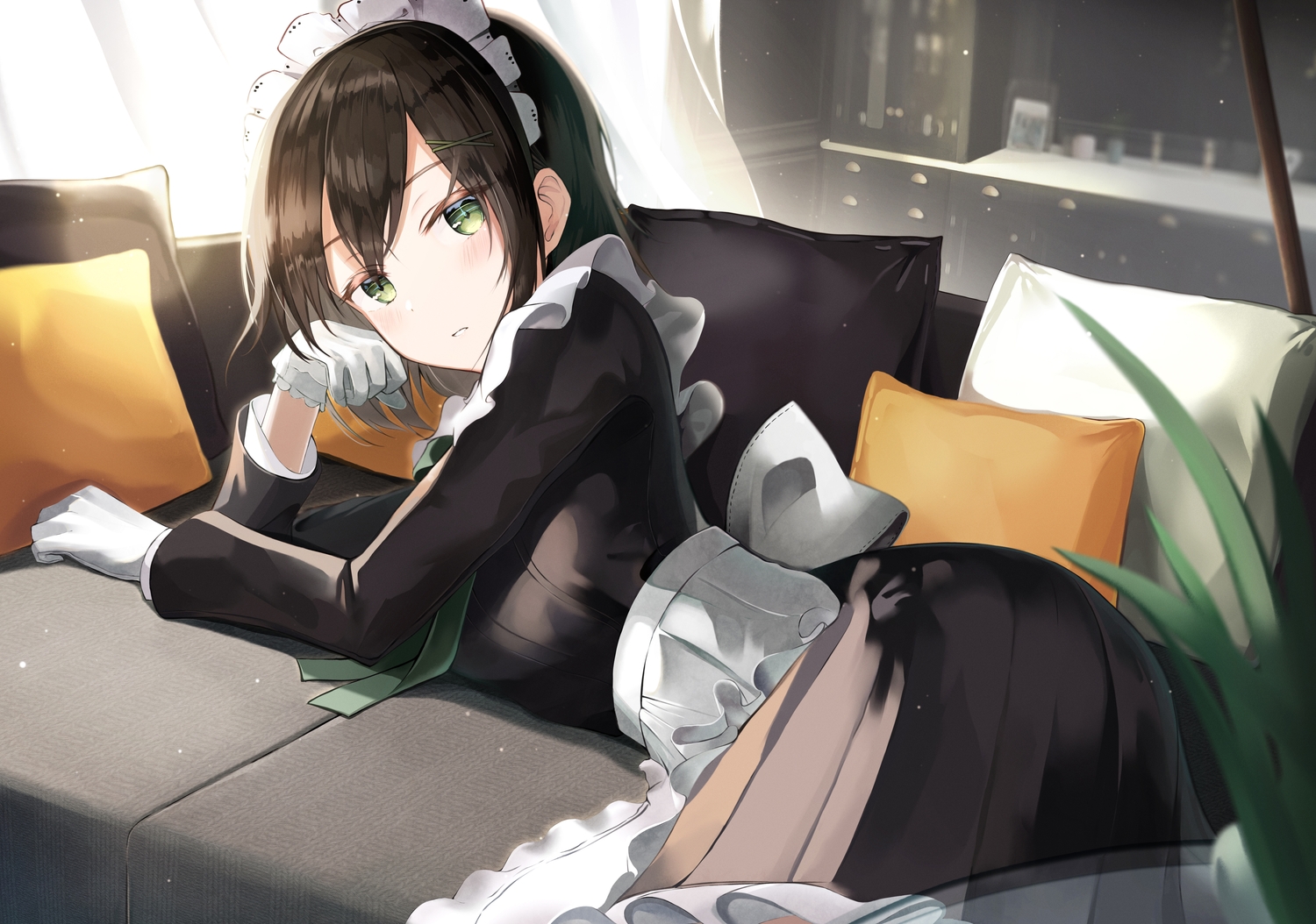 apron, black_hair, blush, dress, gloves, green_eyes, headdress, long_hair