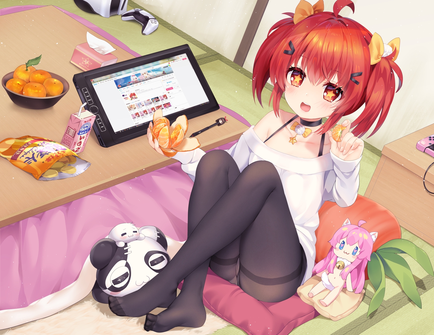 animal_ears, blush, cameltoe, choker, computer, doll, drink, food