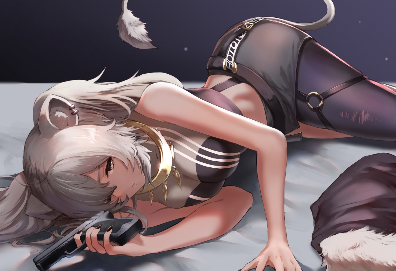 animal_ears, catgirl, gray_eyes, gray_hair, gun, hololive, jojobirdz, long_hair, shishiro_botan, tail, weapon, wink