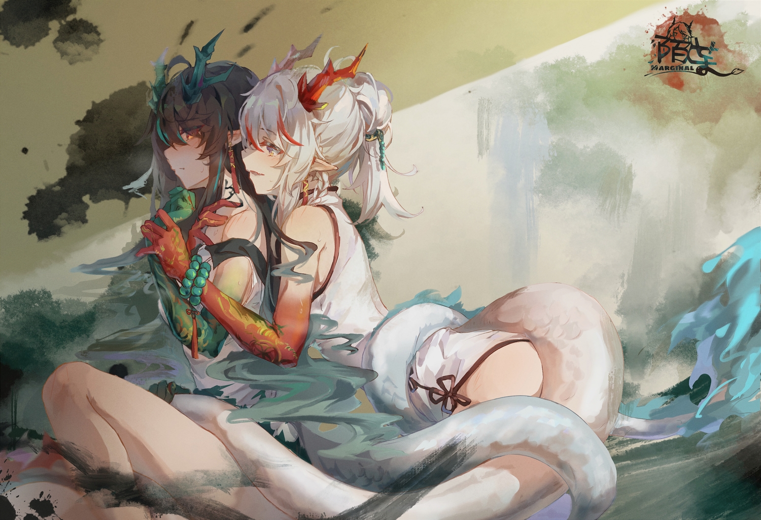 2girls, arknights, black_hair, chinese_clothes, chinese_dress, dress, dusk_(arknights), horns, hug, moyu_marginal, nian_(arknights), pointed_ears, shoujo_ai, tail, tattoo, watermark, white_hair, yellow_eyes
