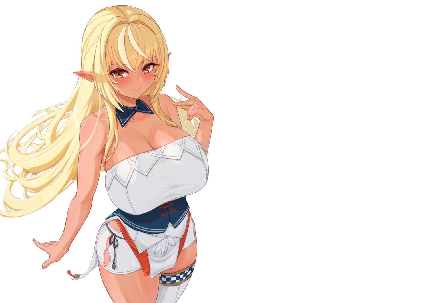blonde_hair, blush, breasts, cleavage, corset, dark_skin, hololive, jefflink, long_hair, orange_eyes, pointed_ears, shiranui_flare, shorts, thighhighs, white