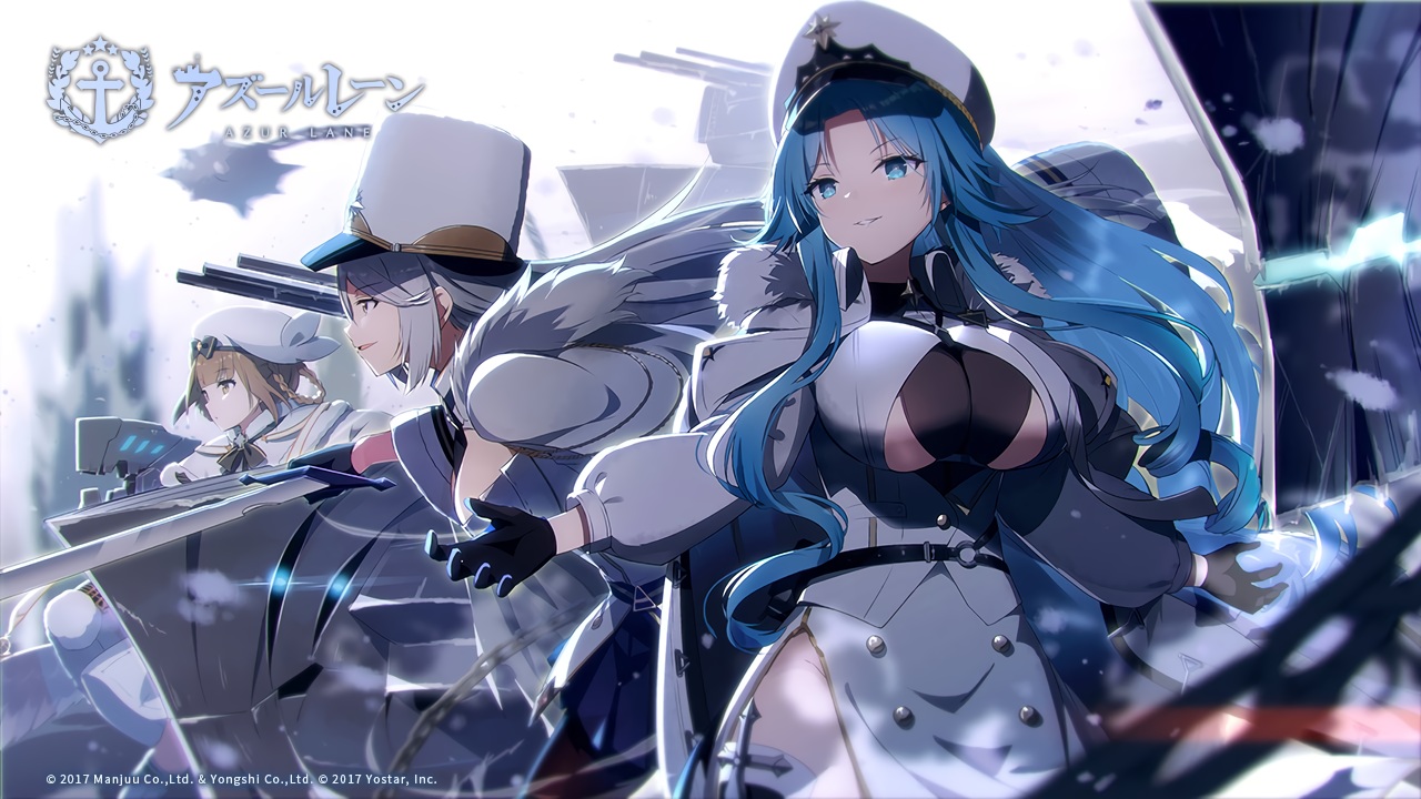 anthropomorphism, azur_lane, blue_eyes, blue_hair, breasts, brown_eyes, brown_hair, cleavage, gloves, gray_hair, gremyashchy_(azur_lane), hat, kirov_(azur_lane), logo, long_hair, pantyhose, red_eyes, short_hair, snow, sovetskaya_belorussiya_(azur_lane), sword, tagme_(artist), uniform, weapon
