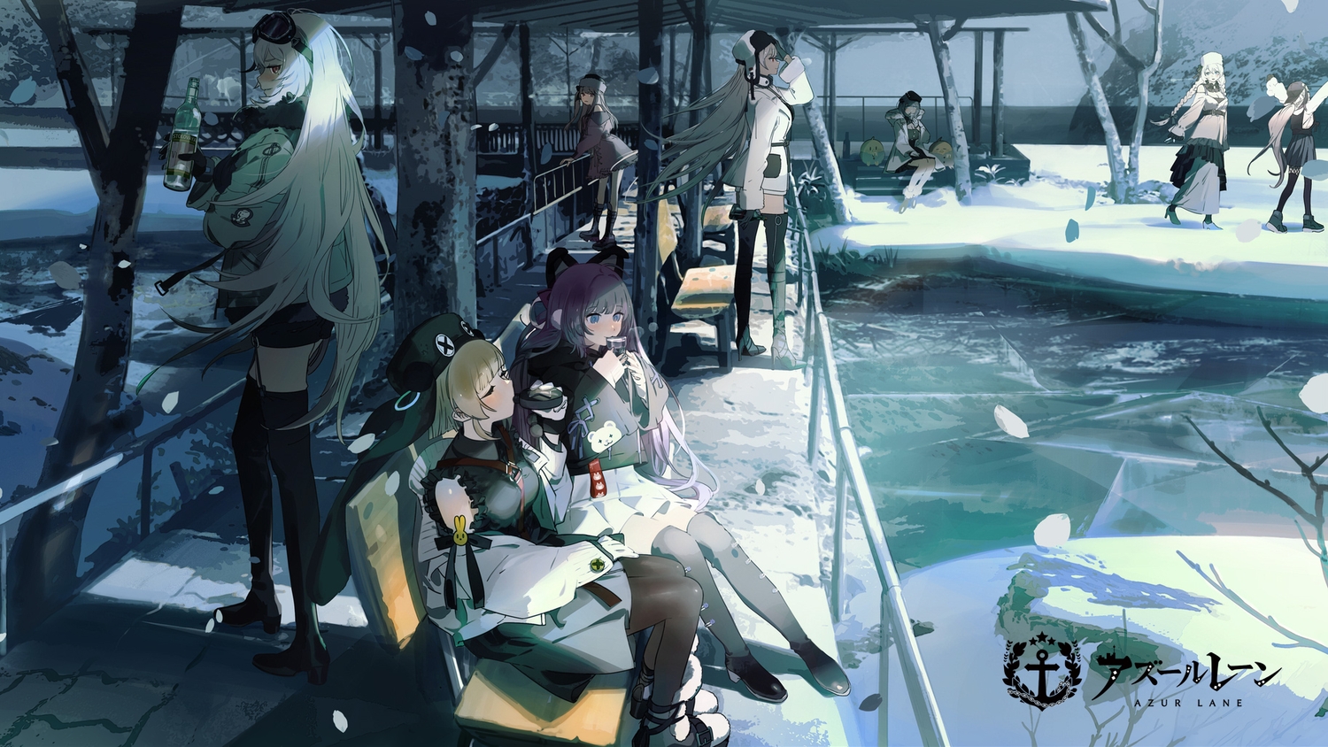 anthropomorphism, avrora_(azur_lane), azur_lane, blue_eyes, blue_hair, blush, boots, brown_hair, chapayev_(azur_lane), dress, drink, gangut_(azur_lane), gloves, goggles, gray_hair, group, grozny_(azur_lane), hat, kukka, logo, long_hair, manjuu_(azur_lane), minsk_(azur_lane), pamiat_merkuria_(azur_lane), pantyhose, ponytail, purple_hair, red_eyes, short_hair, snow, sovetskaya_rossiya_(azur_lane), tashkent_(azur_lane), tree, twintails, white_hair