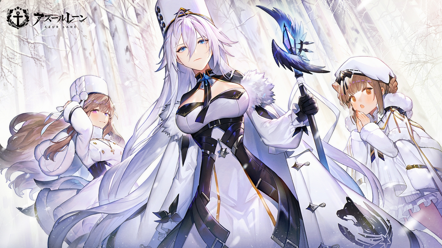 anthropomorphism, azur_lane, bicolored_eyes, blue_eyes, breasts, brown_eyes, brown_hair, cape, forest, gloves, gremyashchy_(azur_lane), hat, logo, long_hair, murmansk_(azur_lane), nahonanaho, short_hair, snow, sovetsky_soyuz_(azur_lane), tree, white_hair