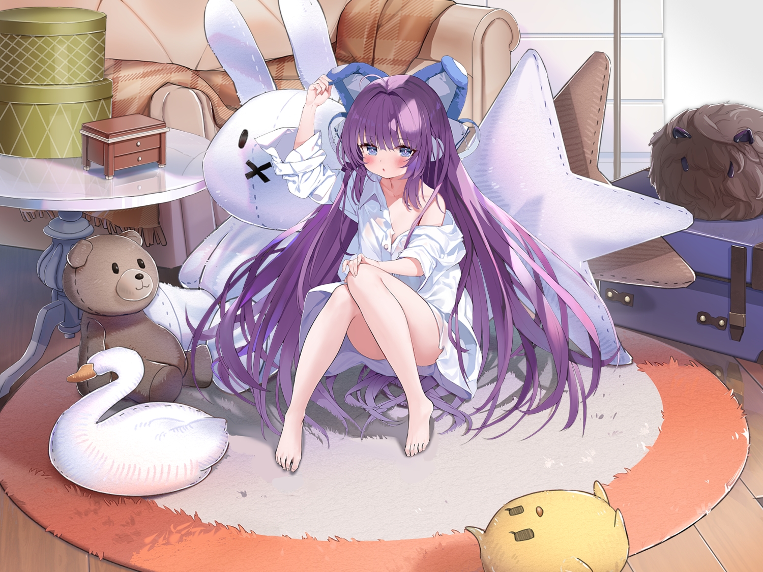 anthropomorphism, azur_lane, blue_eyes, cropped, gaou_(umaiyo_puyoman), loli, long_hair, naked_shirt, no_bra, pajamas, purple_hair, shirt, tashkent_(azur_lane), teddy_bear, third-party_edit