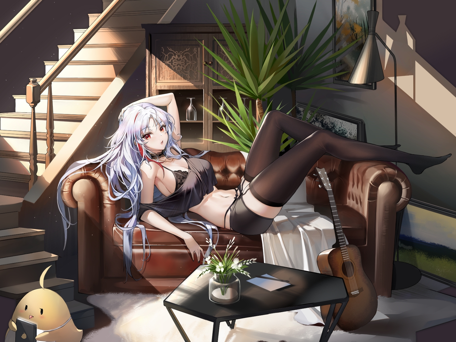 anthropomorphism, azur_lane, bra, breasts, cleavage, cropped, garter_belt, guitar, instrument, long_hair, manjuu_(azur_lane), navel, pavapo, red_eyes, tallinn_(azur_lane), thighhighs, third-party_edit, underwear