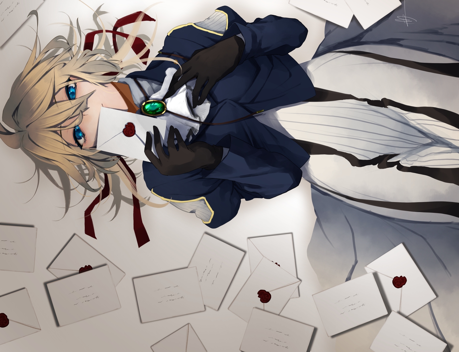 blonde_hair, blue_eyes, dress, gloves, nmz_(namazu), paper, violet_evergarden, violet_evergarden_(character)