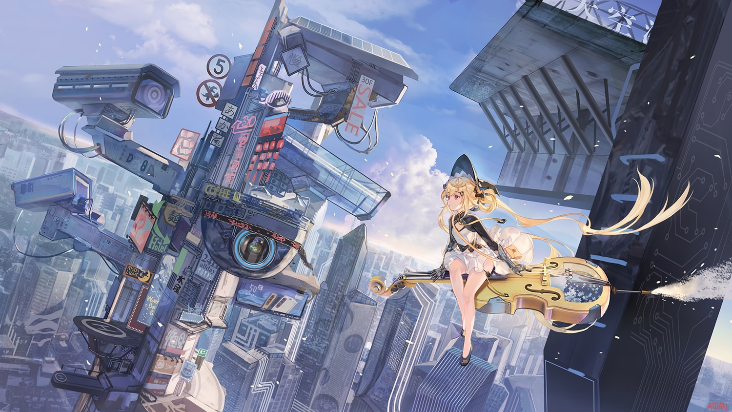 armor, atdan, blonde_hair, building, camera, city, clouds, dress