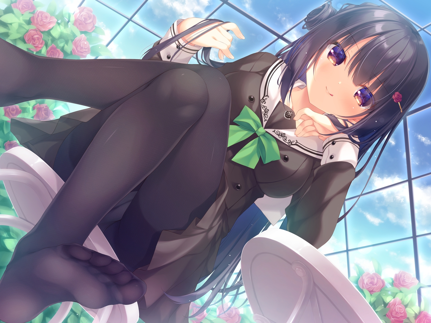 black_hair, cameltoe, clouds, flowers, long_hair, original, panties, pantyhose