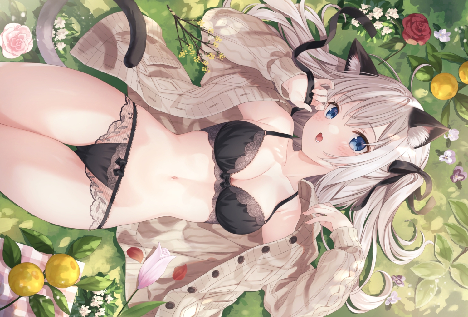 animal_ears, blue_eyes, blush, bra, catgirl, fang, flowers, food, fruit, jimmy_madomagi, navel, original, panties, ribbons, rose, tail, twintails, underwear
