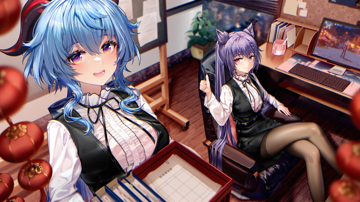 2girls, blue_hair, computer, ganyu_(genshin_impact), genshin_impact, hbb, horns, keqing_(genshin_impact)
