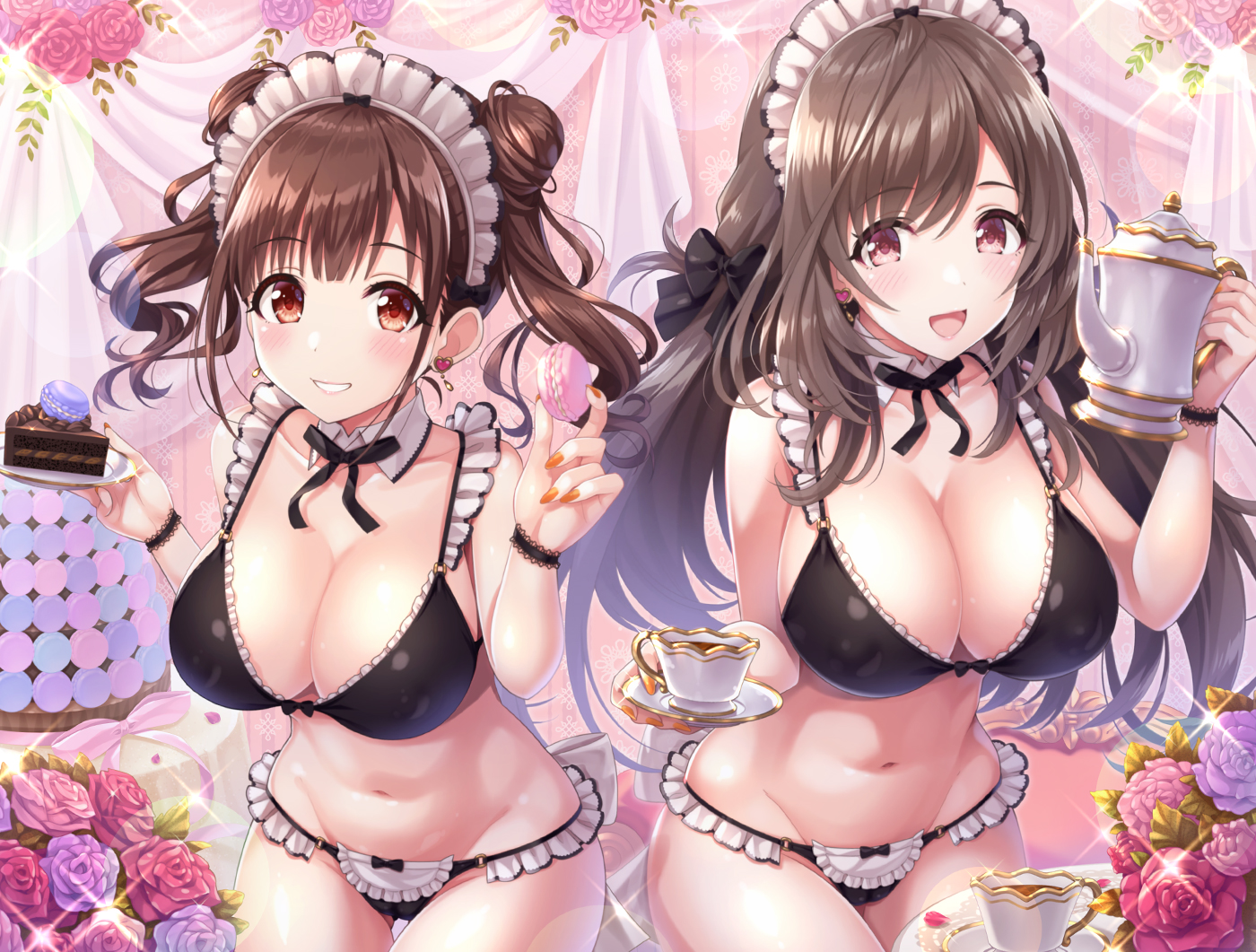 2girls, bikini, breasts, cake, cameltoe, cleavage, drink, erect_nipples, flowers, food, headband, headdress, idolmaster, idolmaster_shiny_colors, maid, navel, rose, sonoda_chiyoko, swimsuit, tsukioka_kogane, twintails, urabi_(tomatohouse)