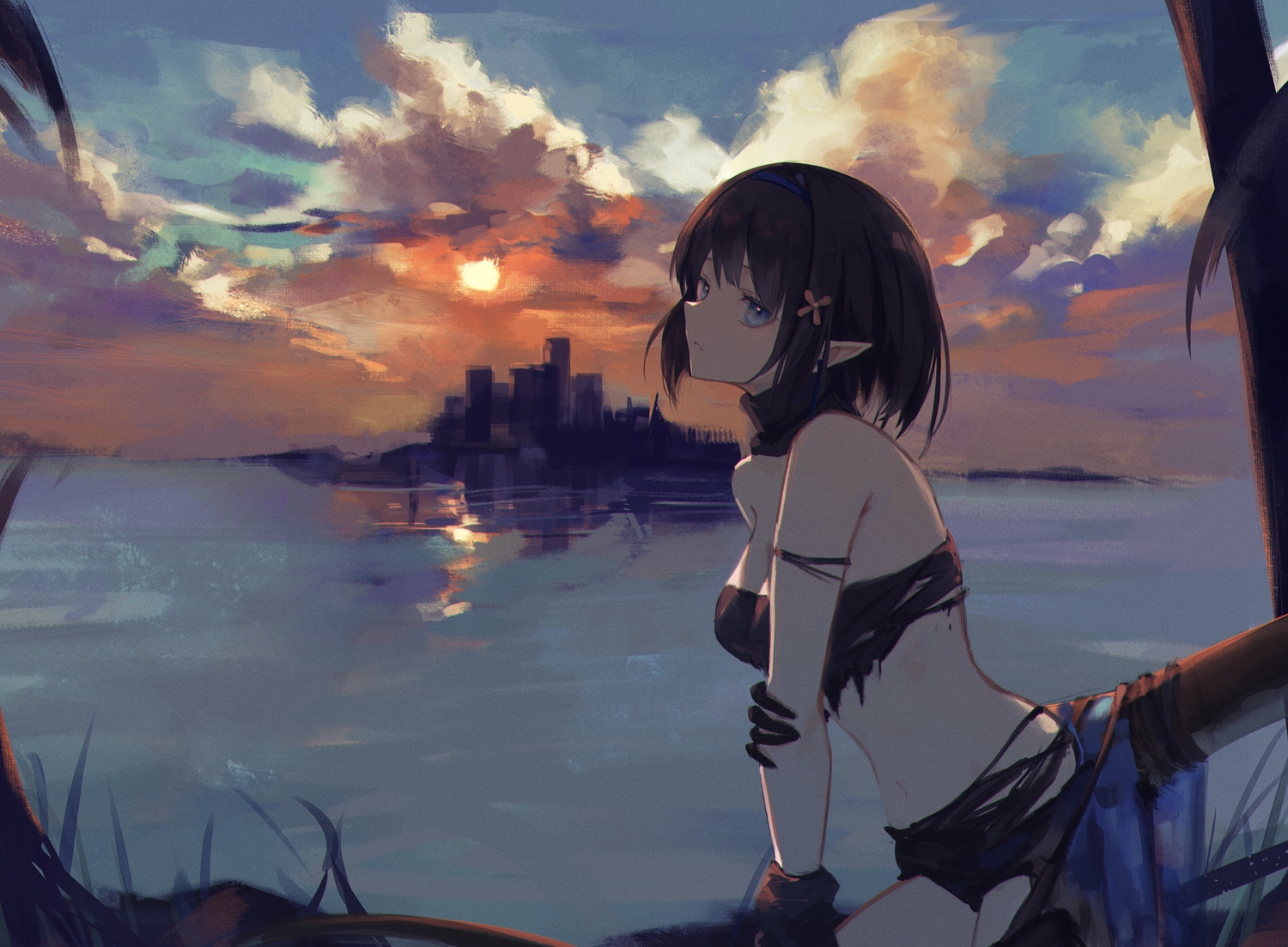 7ife, arknights, blue_eyes, clouds, dark, eunectes_(arknights), pointed_ears, sky