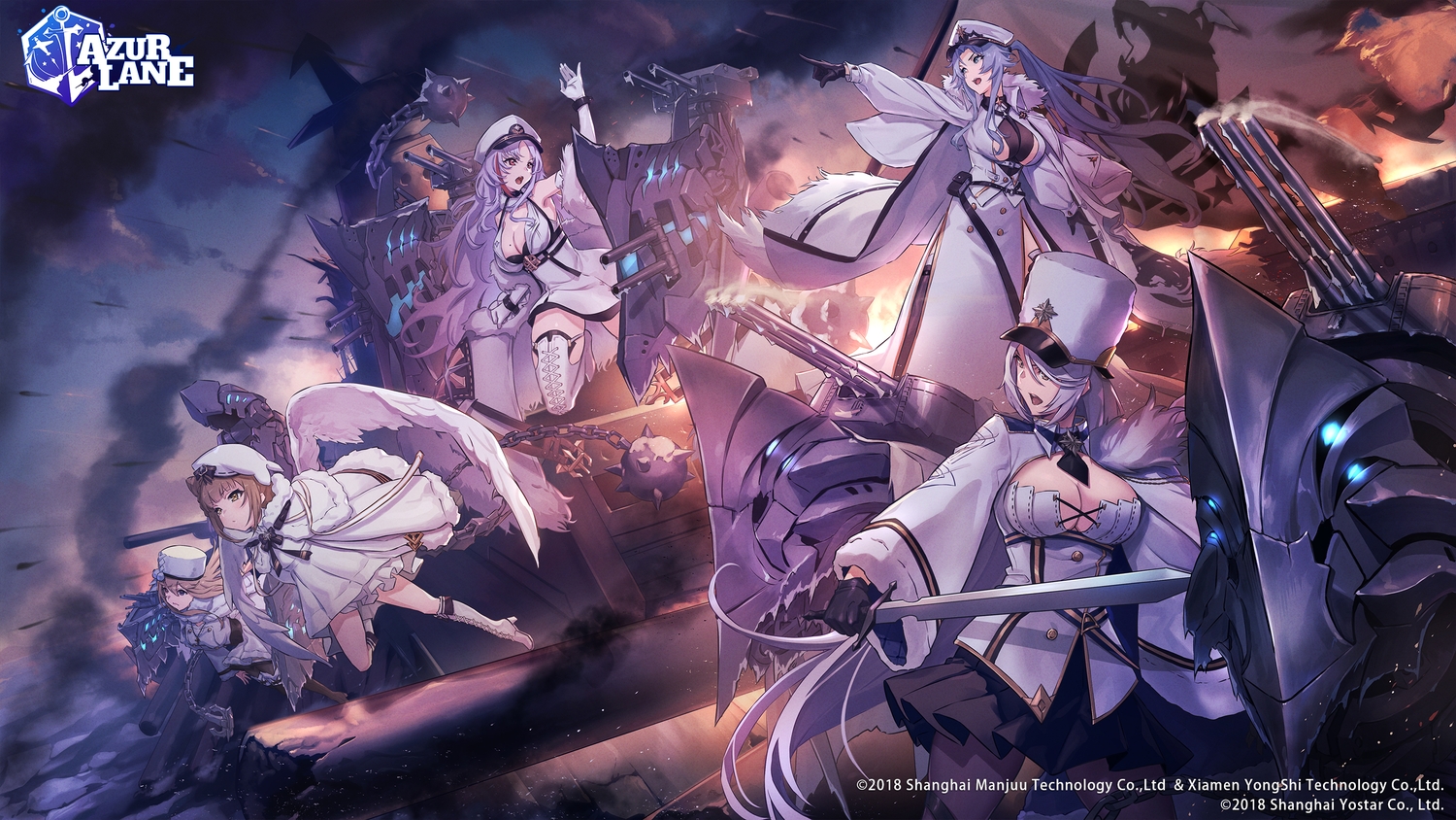anthropomorphism, aqua_hair, azur_lane, blue_eyes, boots, breasts, brown_eyes, brown_hair, cape, cleavage, clouds, dress, eito_nishikawa, fire, gloves, gremyashchy_(azur_lane), group, hat, kirov_(azur_lane), logo, loli, long_hair, murmansk_(azur_lane), pantyhose, ponytail, red_eyes, sovetskaya_belorussiya_(azur_lane), sword, tallinn_(azur_lane), uniform, water, weapon, white_hair, wings