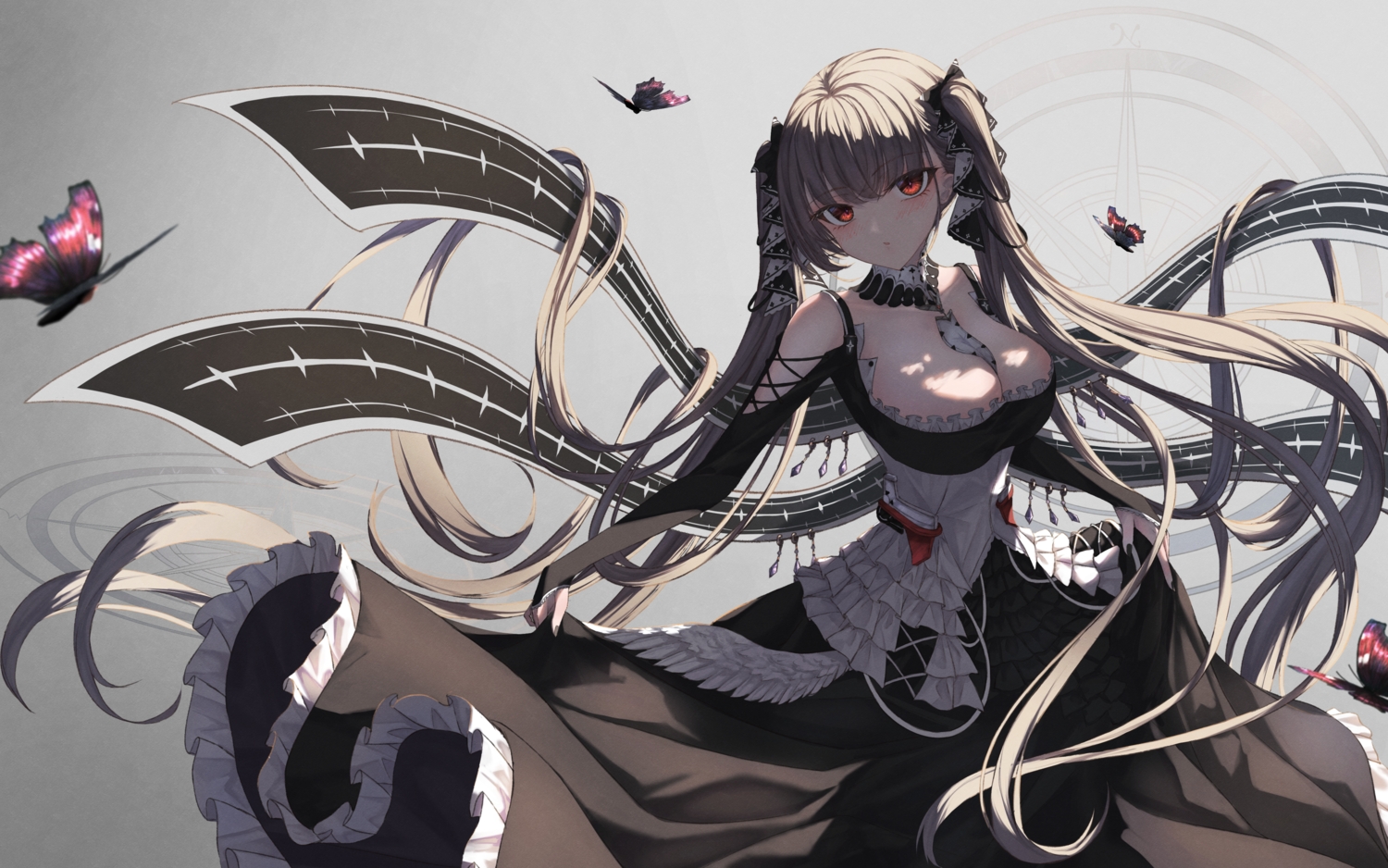 amane_utata, anthropomorphism, azur_lane, breasts, butterfly, cleavage, dress, formidable_(azur_lane), goth-loli, gray_hair, lolita_fashion, long_hair, red_eyes, twintails