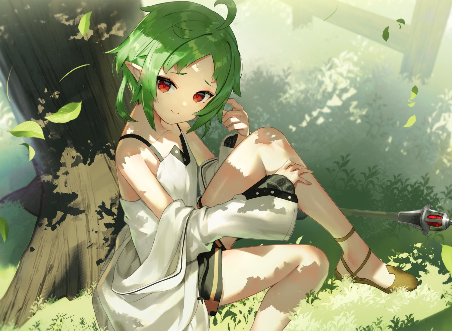grass, green, green_hair, leaves, mushoku_tensei, pointed_ears, red_eyes, scottie_(phantom2), short_hair, shorts, staff, sylphiette_(mushoku_tensei), tree