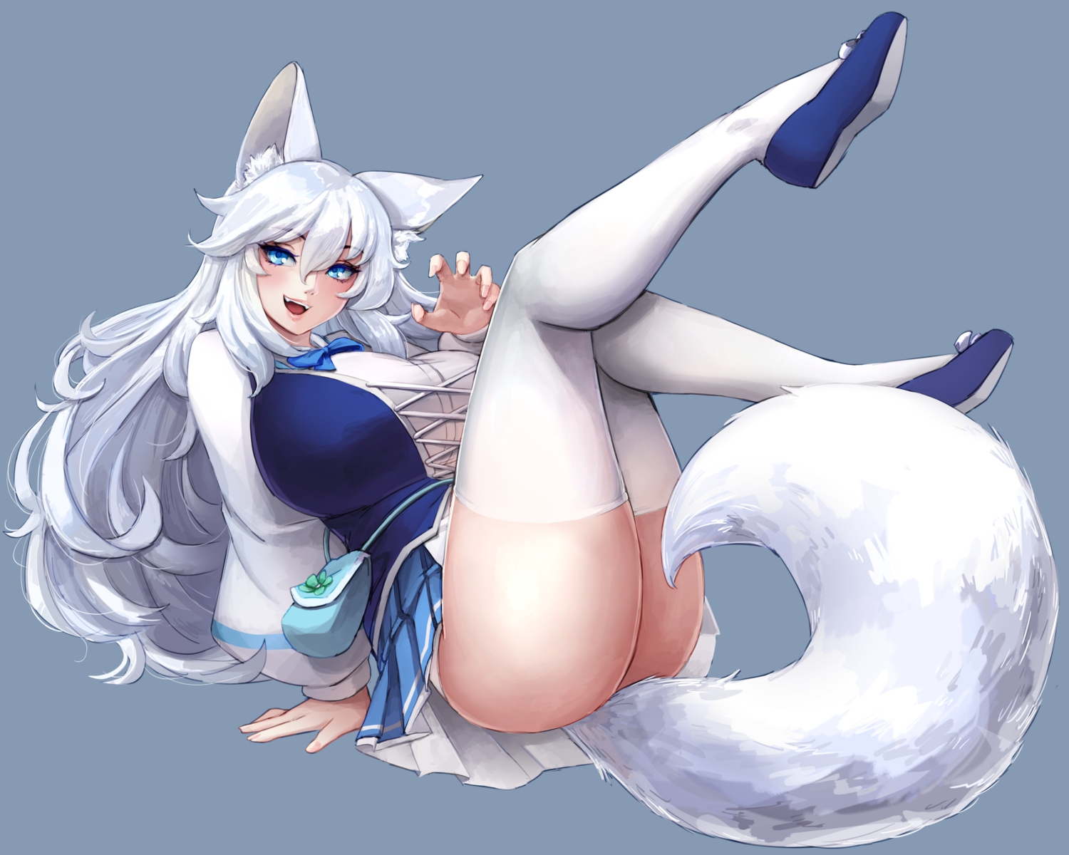 animal_ears, aqua_eyes, blue, bow, breasts, fang, junkpuyo, long_hair, lumi_(merryweather), original, school_uniform, skirt, tail, thighhighs, white_hair, wolfgirl
