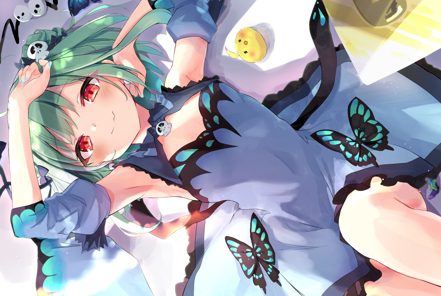 blush, bow, dress, fang, green_hair, hololive, red_eyes, short_hair