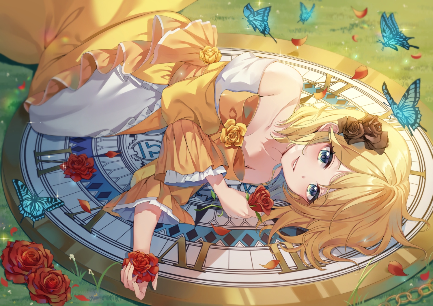 blonde_hair, blue_eyes, bow, butterfly, dress, flowers, grass, kagamine_rin