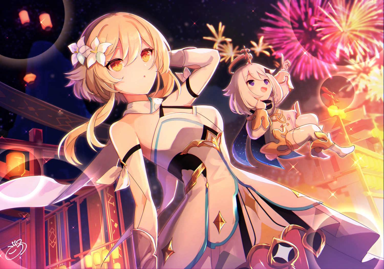 2girls, blonde_hair, dress, fireworks, genshin_impact, goroo_(eneosu), loli, lumine_(genshin_impact)