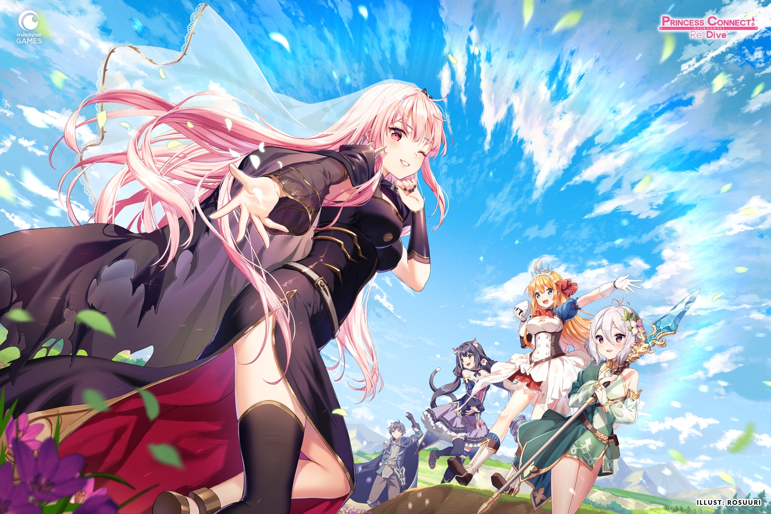 clouds, crossover, dress, gray_hair, group, hololive, karyl, logo