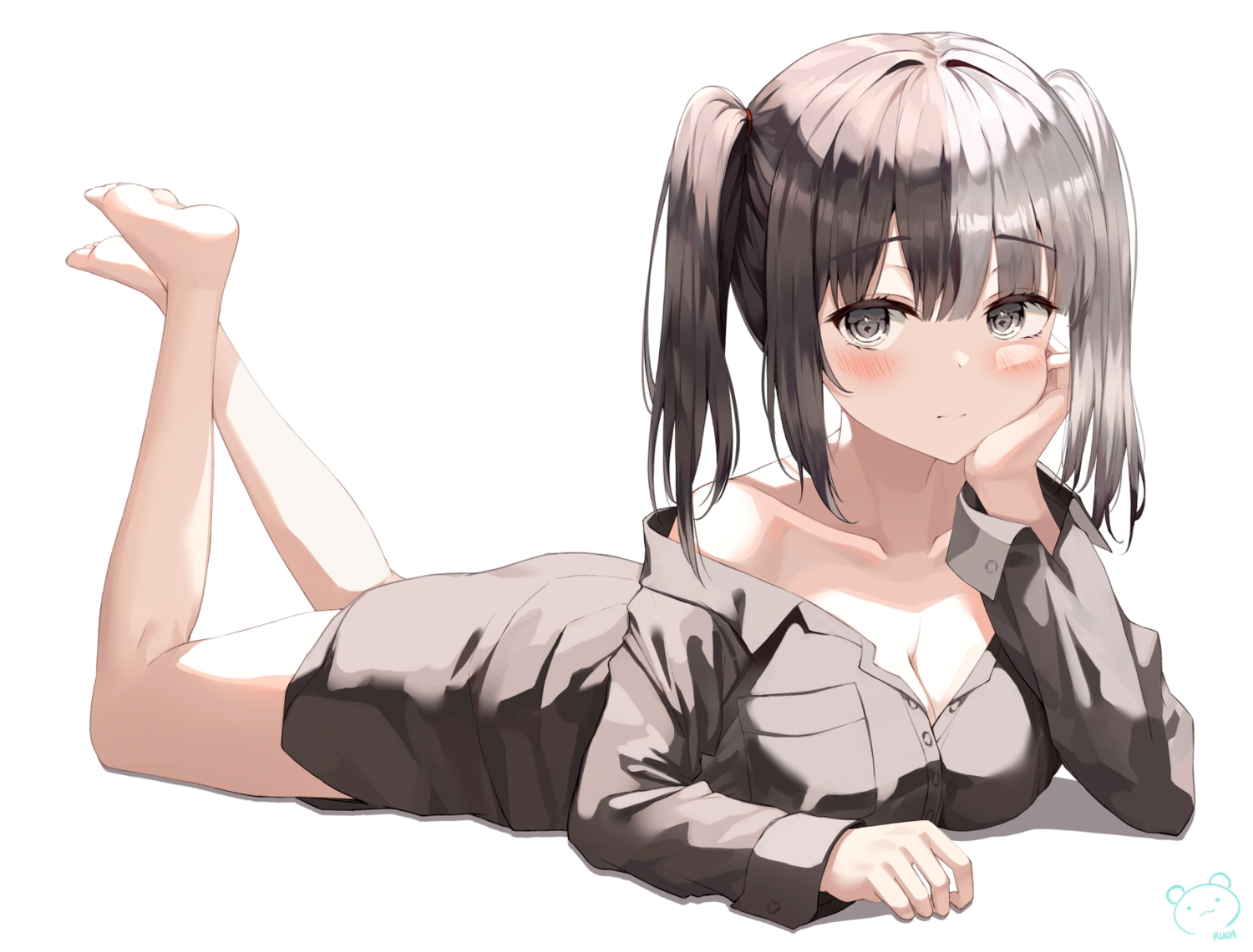 barefoot, blush, breasts, cleavage, gray_eyes, long_hair, original, pajamas, polychromatic, ruda_(ruda_e), shirt, signed, twintails